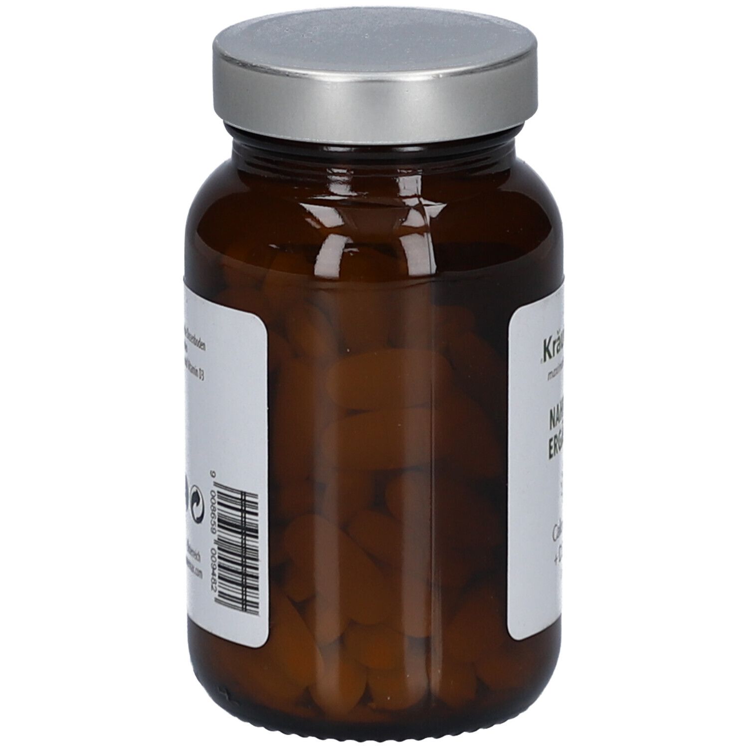 Braune Glasflasche mit silbernem Deckel. Seitenansicht mit Tabletten im Inneren. Etikett mit Barcode und Produktinformationen.