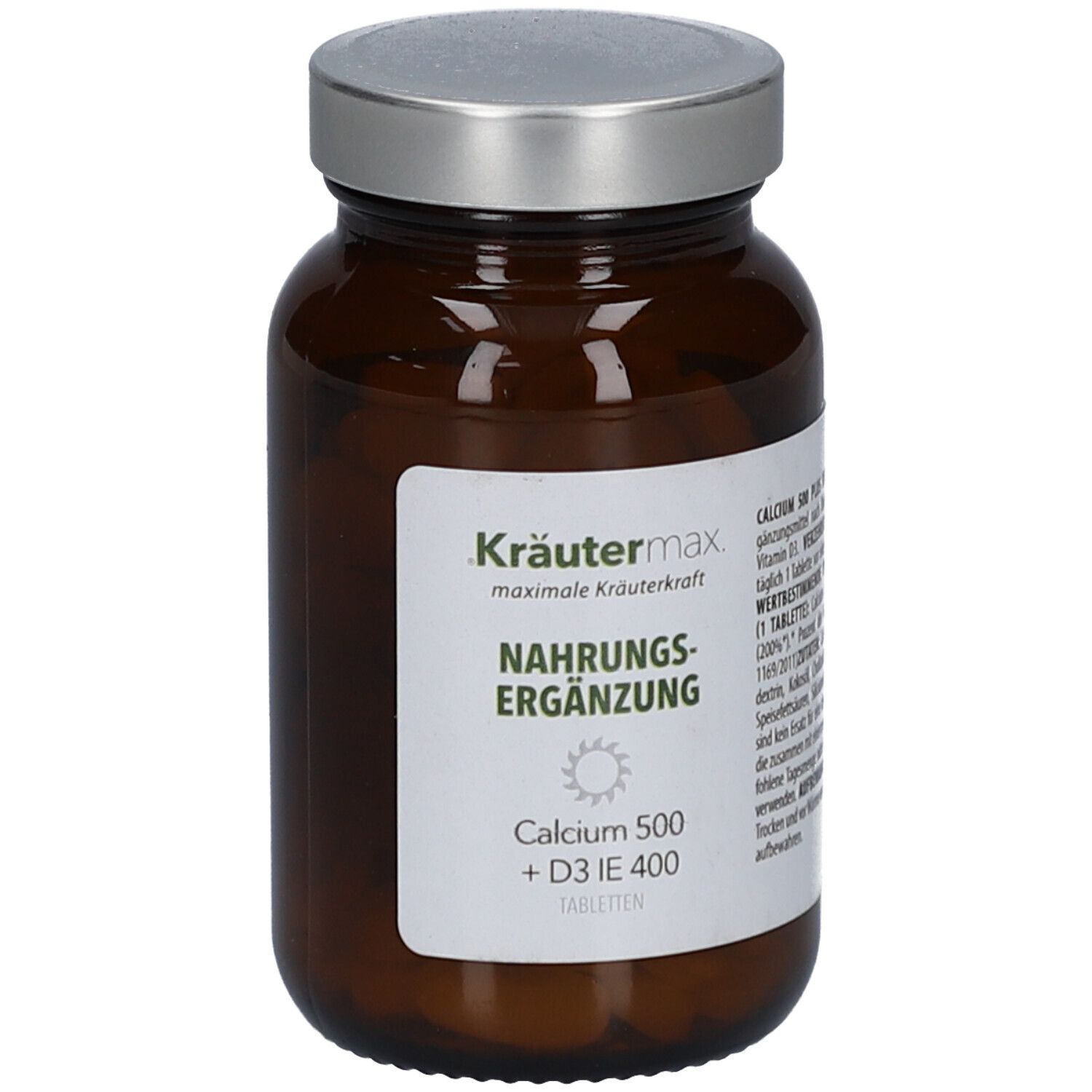 Braune Glasflasche mit silbernem Deckel. Etikett mit Produktinformationen: Kräutermax, Calcium 500 + D3 IE 400 Tabletten.