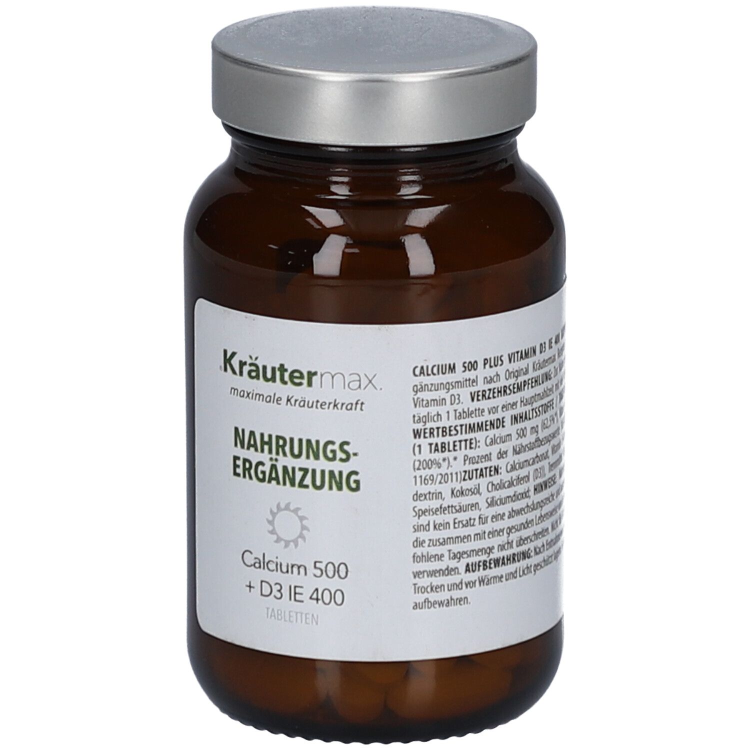 Braune Glasflasche mit silbernem Deckel. Etikett mit Produktinformationen: Kräutermax, Calcium 500 + D3 IE 400 Tabletten. Detailansicht.