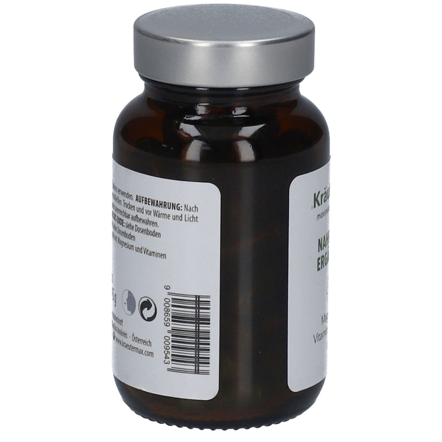 Braune Glasflasche mit silbernem Deckel. Rückseite mit Etikett und Produktinformationen, Barcode.