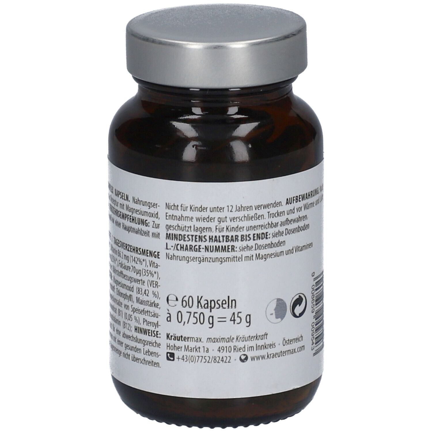 Braune Glasflasche mit silbernem Deckel. Etikett mit Produktinformationen, u.a. 60 Kapseln, 45 g.