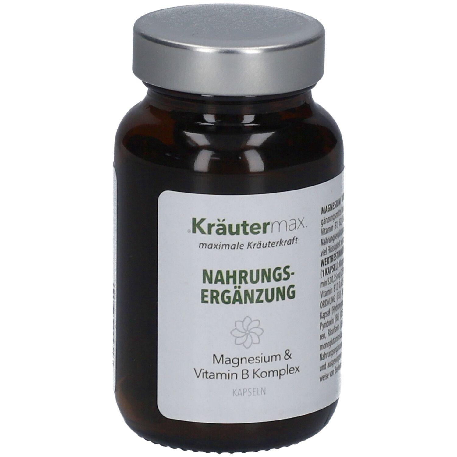 Braune Glasflasche mit silbernem Deckel. Etikett mit Produktinformationen: Kräutermax, Nahrungsergänzung, Magnesium & Vitamin B Komplex Kapseln.