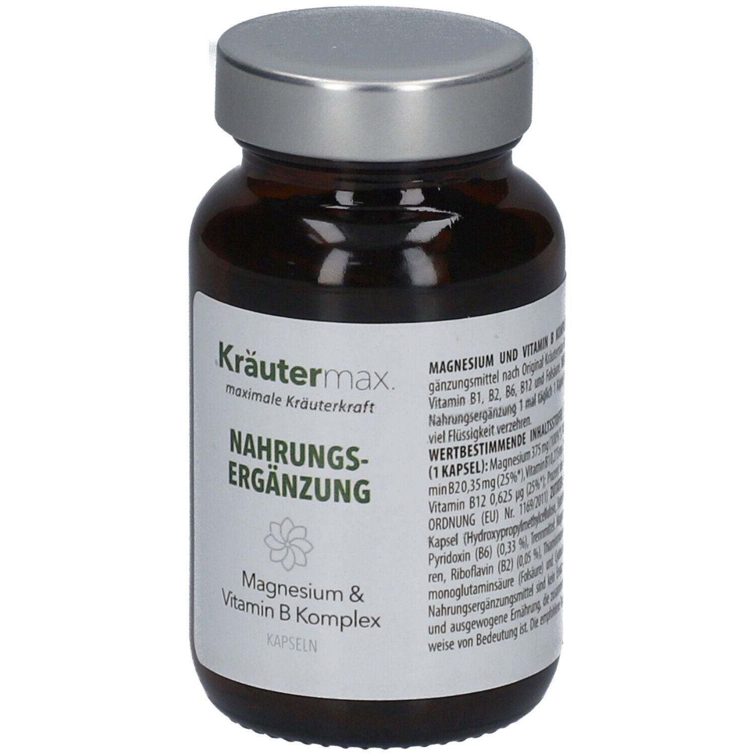 Braune Glasflasche mit silbernem Deckel. Etikett mit Produktinformationen: Kräutermax, Nahrungsergänzung, Magnesium & Vitamin B Komplex Kapseln.