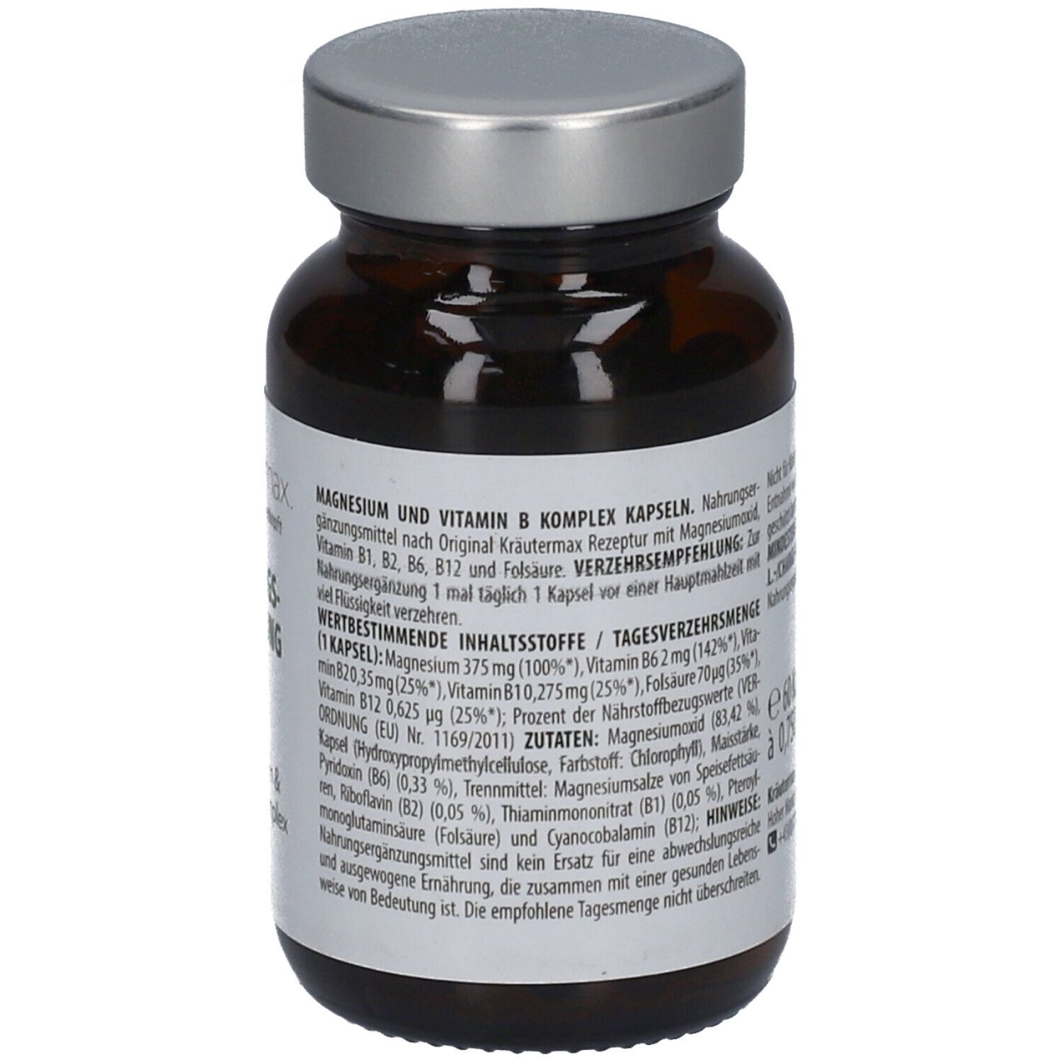 Braune Glasflasche mit silbernem Deckel. Etikett mit Produktinformationen: Kräutermax, Magnesium und Vitamin B Komplex Kapseln.