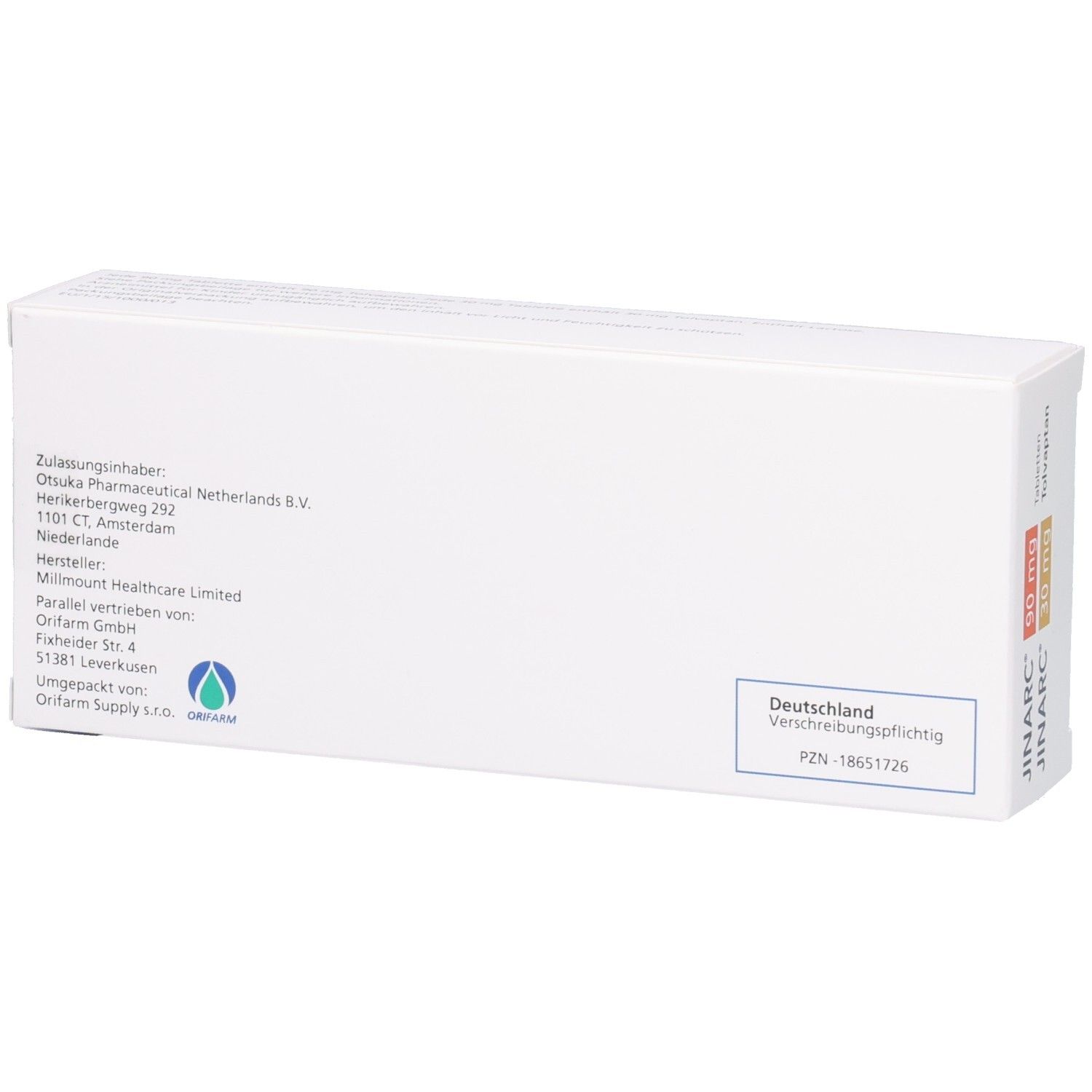 Rückseite einer weißen Faltschachtel. Text: Zulassungsinhaber, Hersteller, Vertrieb, Deutschland. Otsuka Logo.