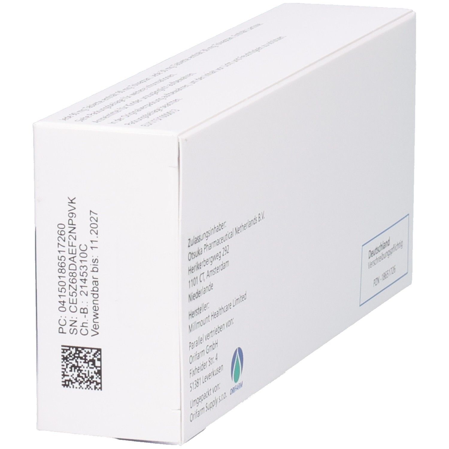 Weiße Faltschachtel mit Text und QR-Code. Text: Zulassungsinhaber, Hersteller, Verfallsdatum. Otsuka Logo.