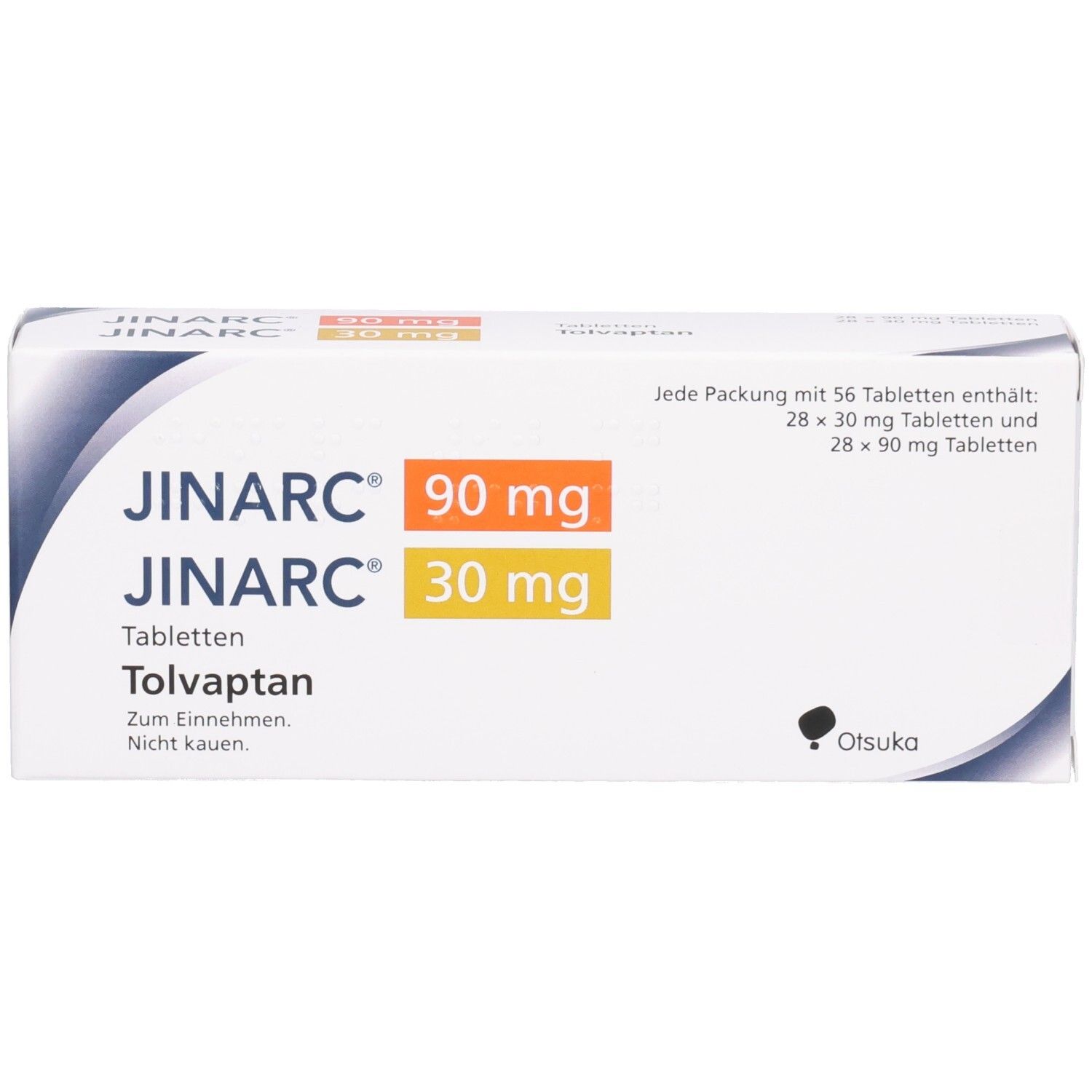 Weiße Faltschachtel mit JINARC 90 mg und 30 mg Tabletten. Text: Tolvaptan, Zum Einnehmen, Nicht kauen. Otsuka Logo.