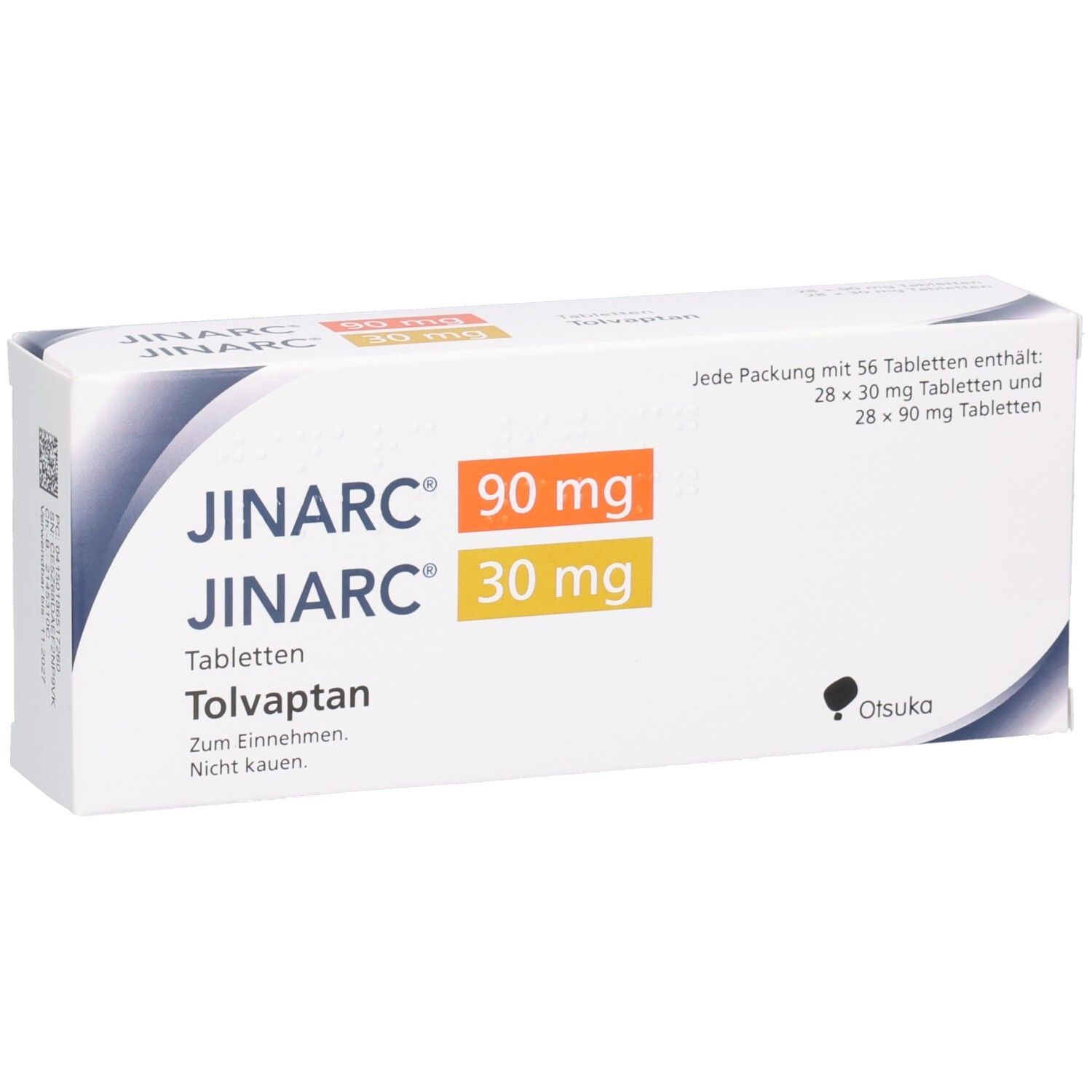 Weiße Faltschachtel mit JINARC 90 mg und 30 mg Tabletten. Text: Tolvaptan, Zum Einnehmen, Nicht kauen. Otsuka Logo.
