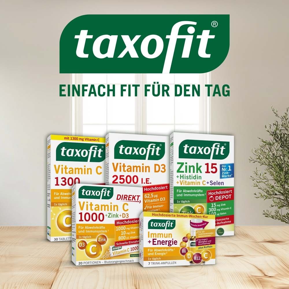 Verschiedene taxofit® Produkte.  Im Vordergrund: taxofit® Vitamin C 1000 + Zink + D3 Direkt.  Text: Einfach fit für den Tag.