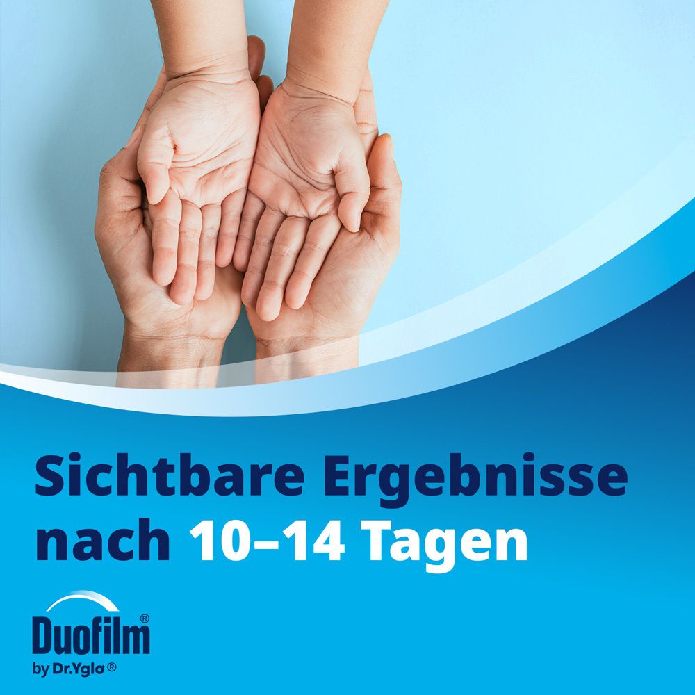 Hände halten Hände. Text: Sichtbare Ergebnisse nach 10-14 Tagen. Logo Duofilm® by Dr. Yglo.