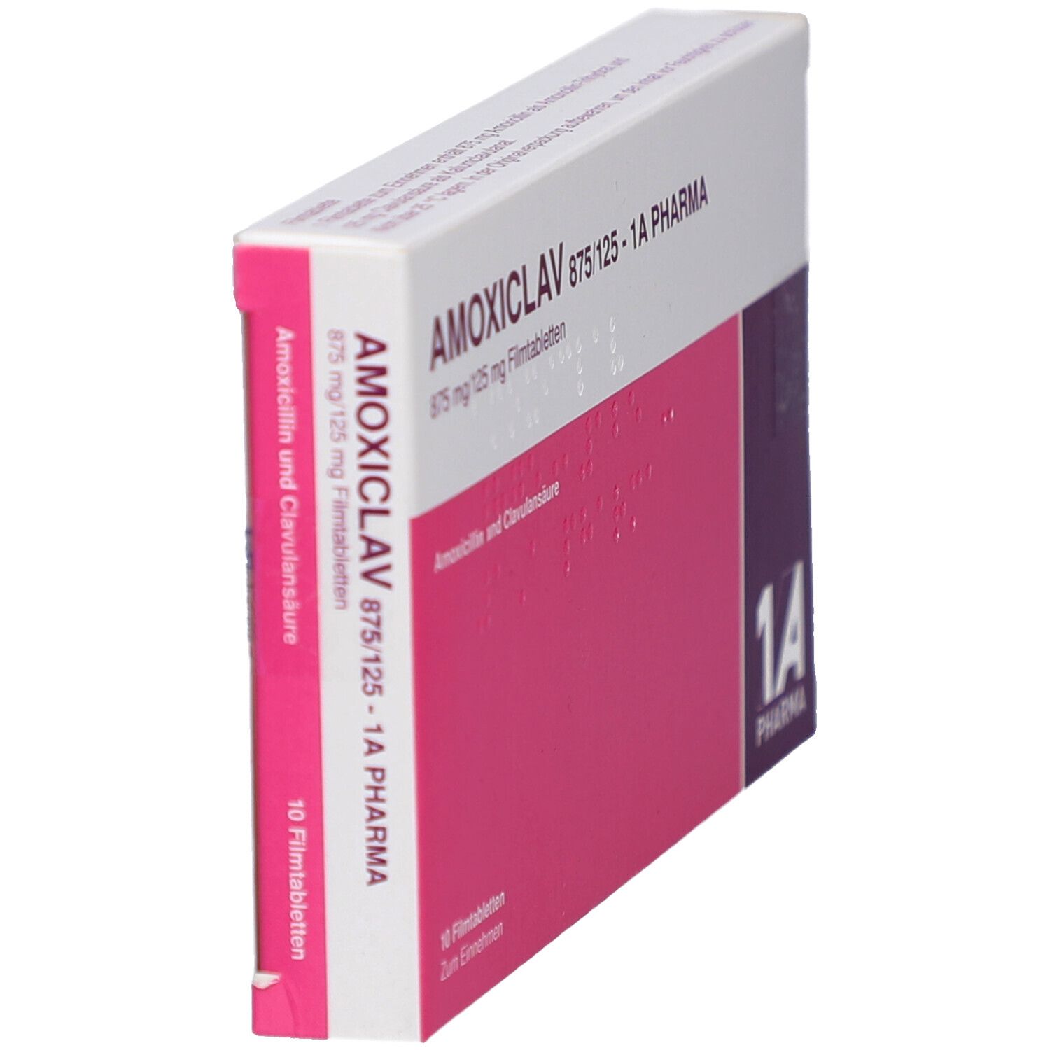 Schachtel AMOXICLAV 875/125-1A Pharma Filmtabletten. Rosa und weiß. Seitenansicht. Text: 1A Pharma, 10 Filmtabletten.