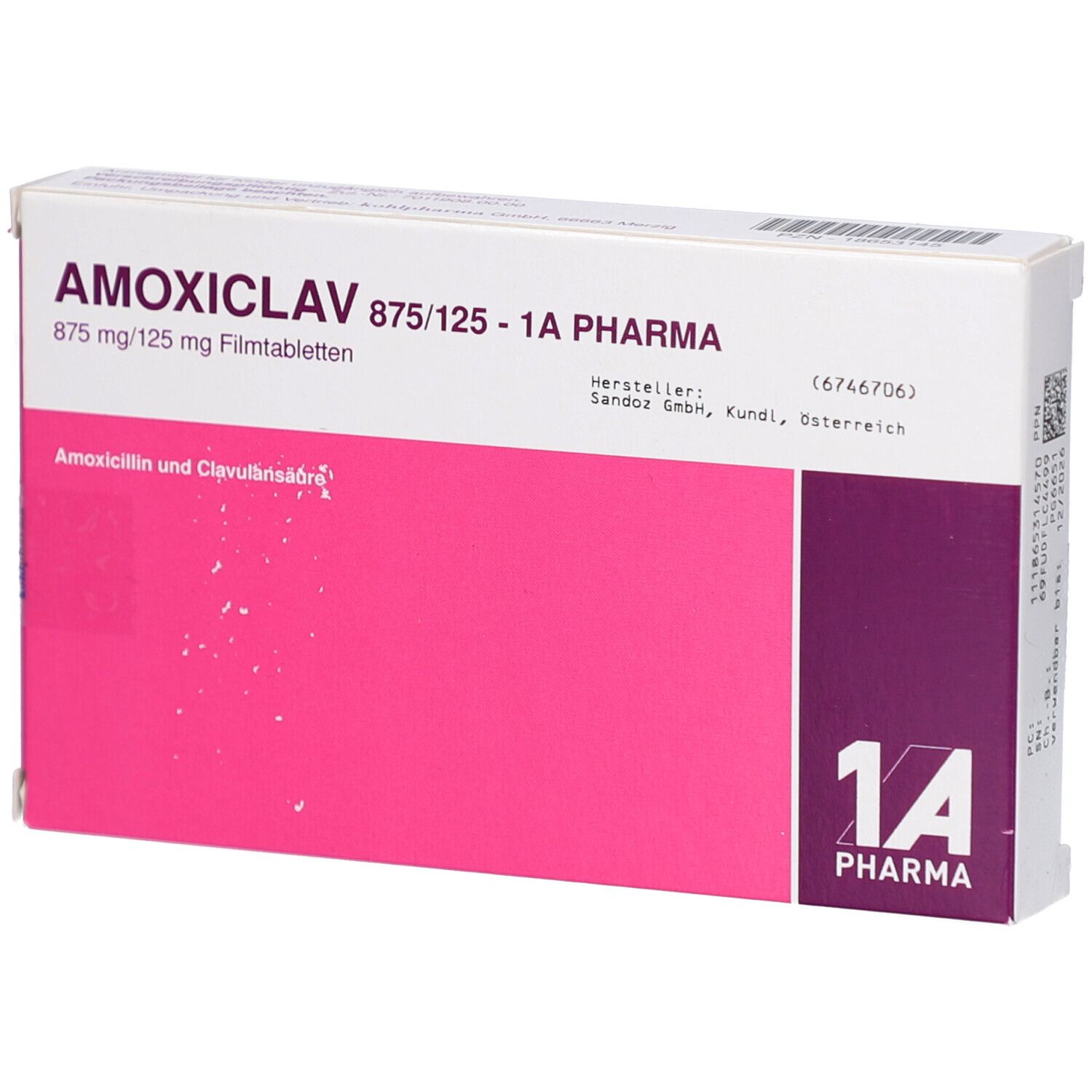 Schachtel AMOXICLAV 875/125-1A Pharma Filmtabletten. Rosa und weiß. Text: 1A Pharma, 10 Filmtabletten, Hersteller.