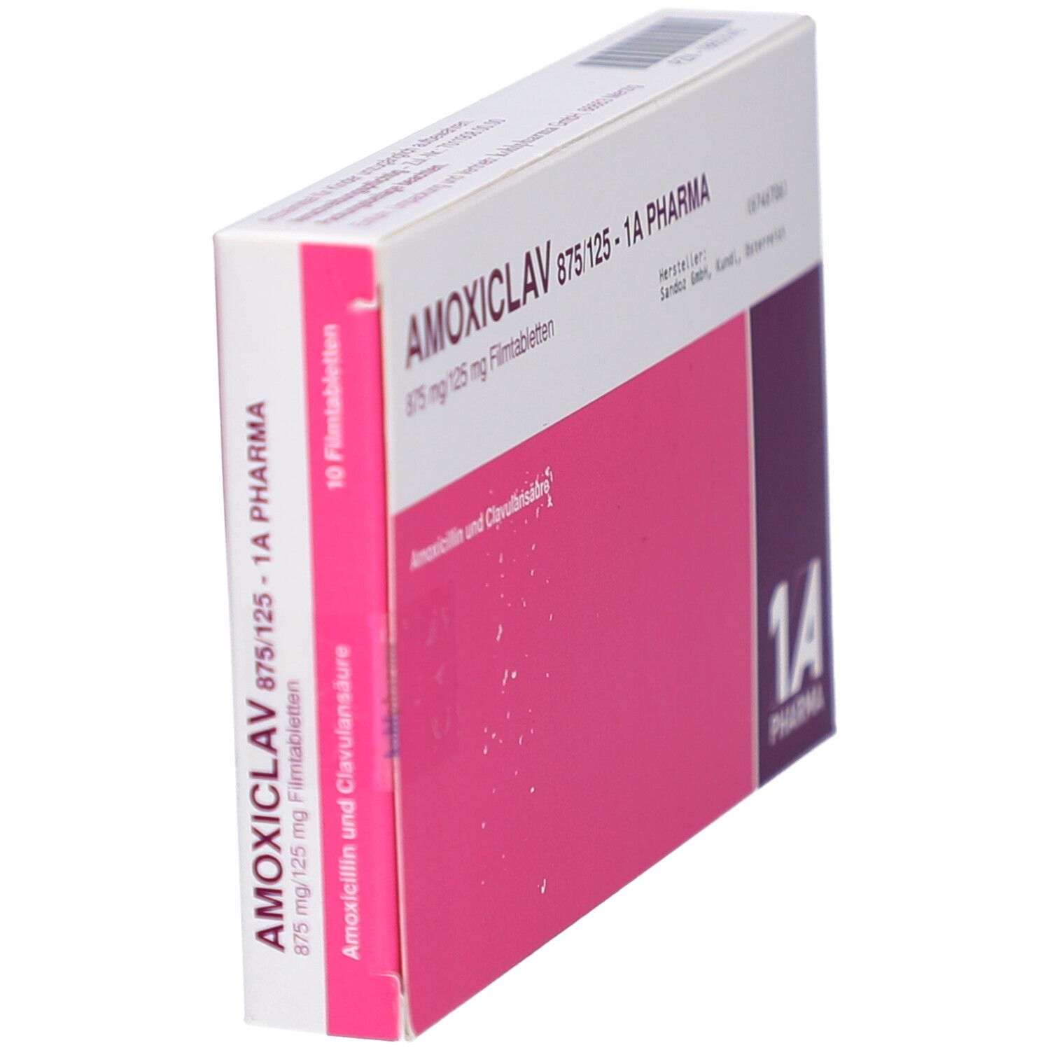 Schachtel AMOXICLAV 875/125-1A Pharma Filmtabletten. Rosa und weiß. Seitenansicht. Text: 1A Pharma, 10 Filmtabletten.