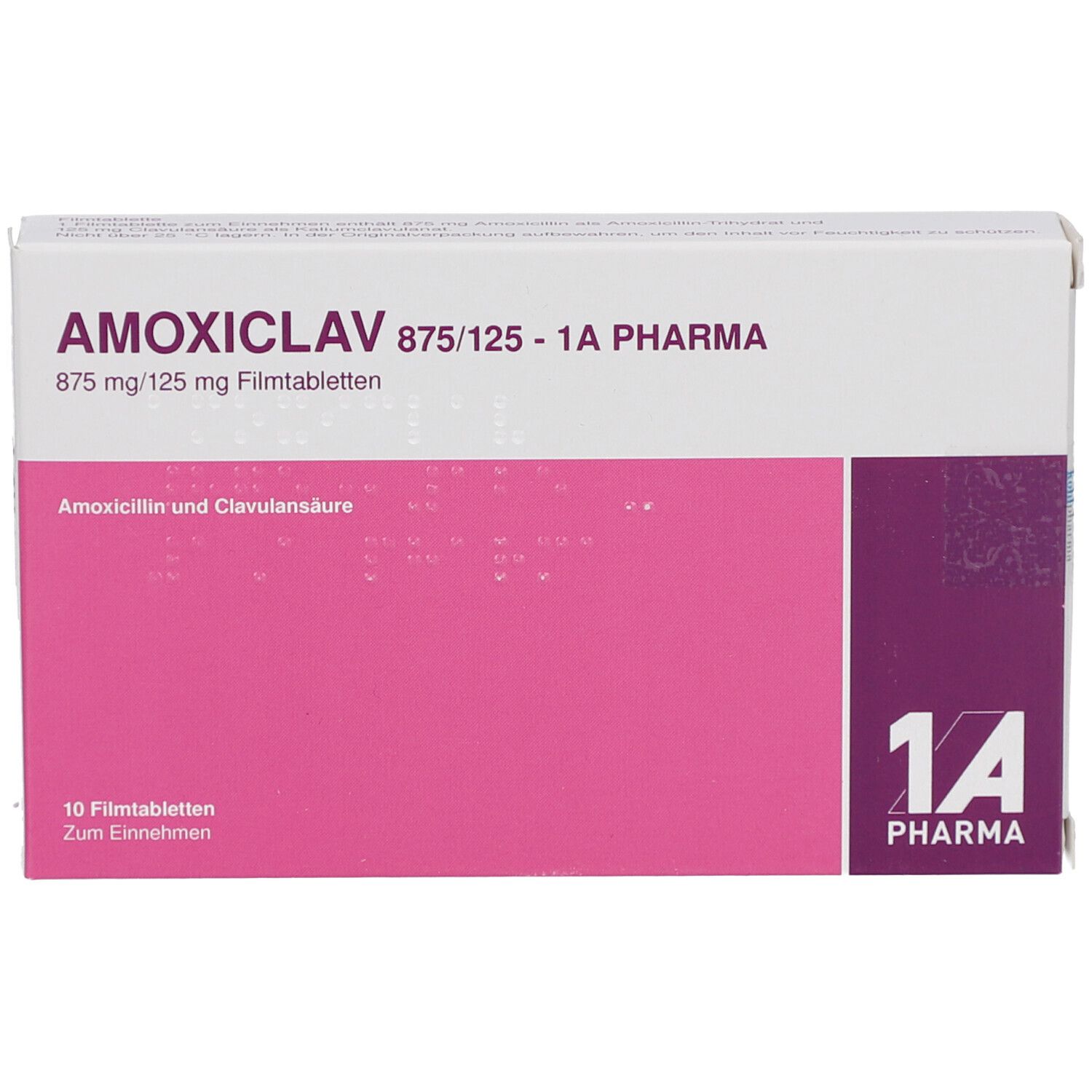Schachtel AMOXICLAV 875/125-1A Pharma Filmtabletten. Rosa und weiß. Text: 1A Pharma, 10 Filmtabletten.