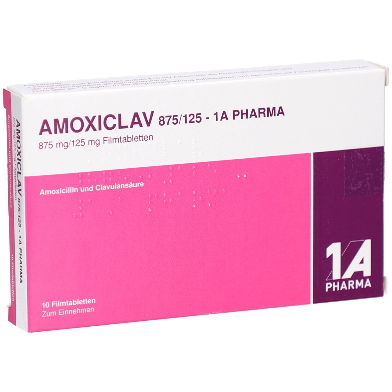 Schachtel AMOXICLAV 875/125-1A Pharma Filmtabletten. Rosa und weiß. Text: 1A Pharma, 10 Filmtabletten.