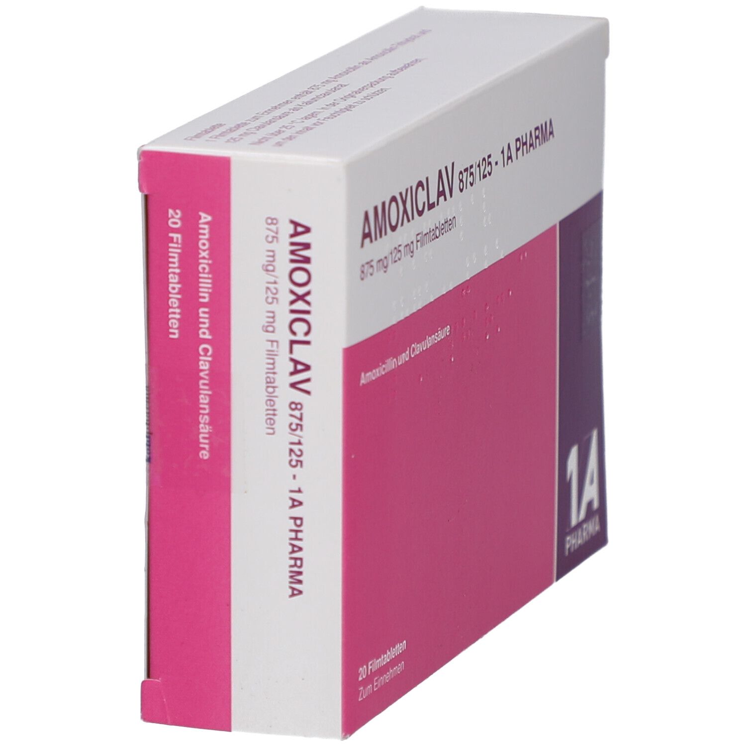 Schachtel mit AMOXICLAV 875/125-1A Pharma Filmtabletten. Ansicht schräg von oben. Rosa und weißes Design. 1A Pharma Logo.
