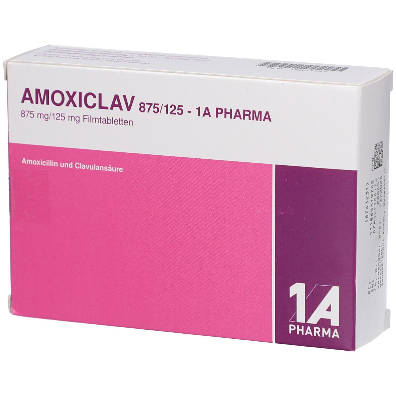 Schachtel mit AMOXICLAV 875/125-1A Pharma Filmtabletten. Rosa und weißes Design. Text: 20 Filmtabletten, 1A Pharma.