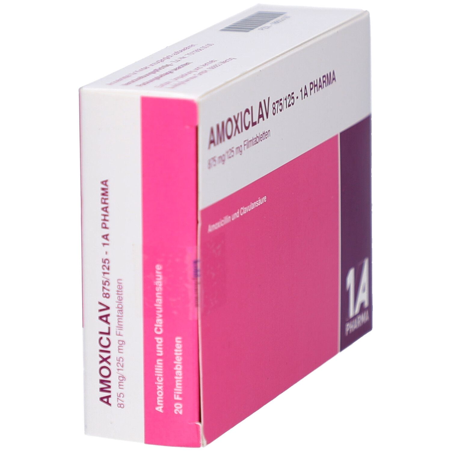 Schachtel mit AMOXICLAV 875/125-1A Pharma Filmtabletten. Schräge Ansicht. Rosa und weißes Design. 1A Pharma Logo.