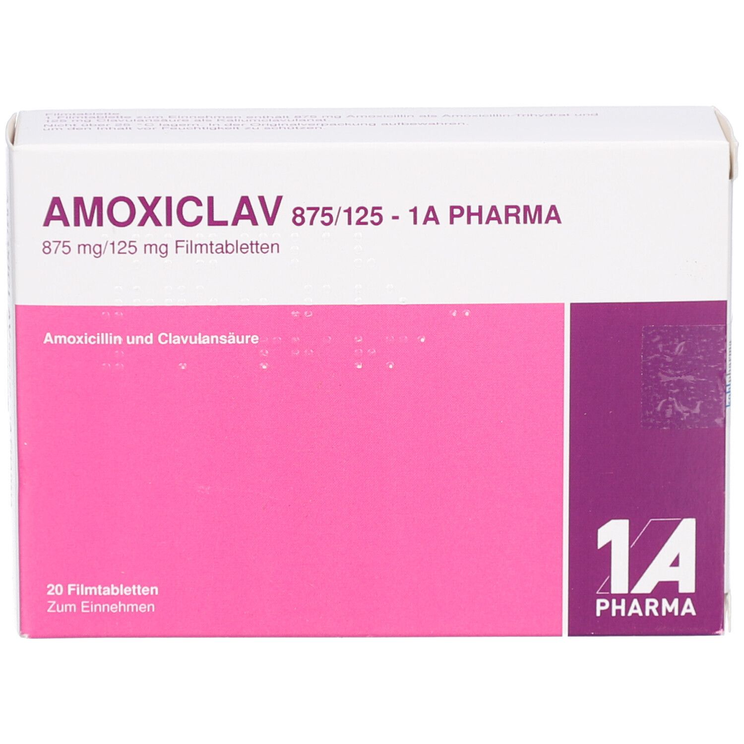 Schachtel mit AMOXICLAV 875/125-1A Pharma Filmtabletten. Rosa und weißes Design. Text: 20 Filmtabletten, 1A Pharma.