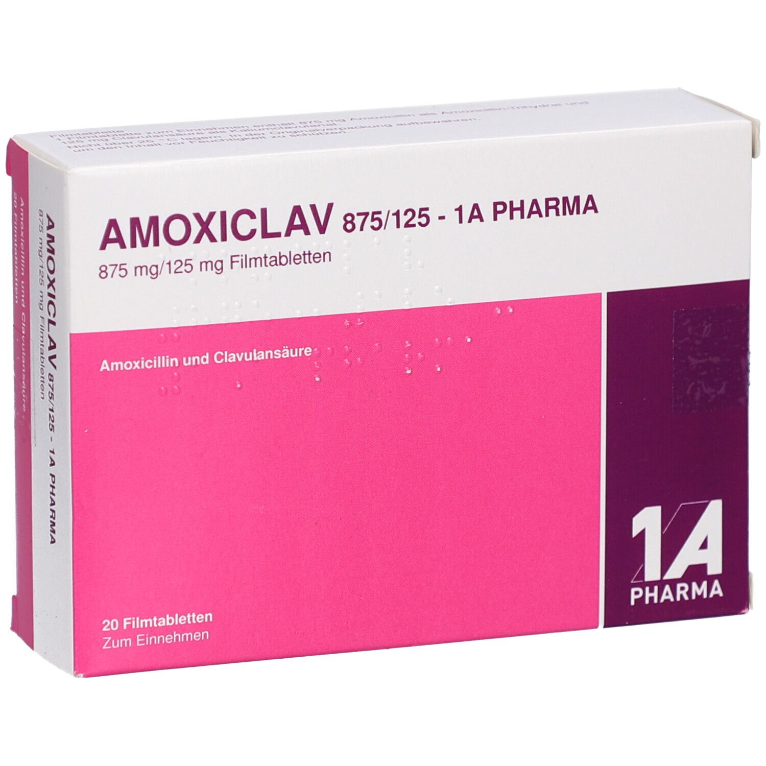 Schachtel mit AMOXICLAV 875/125-1A Pharma Filmtabletten. Schräge Ansicht. Rosa und weißes Design. 1A Pharma Logo.