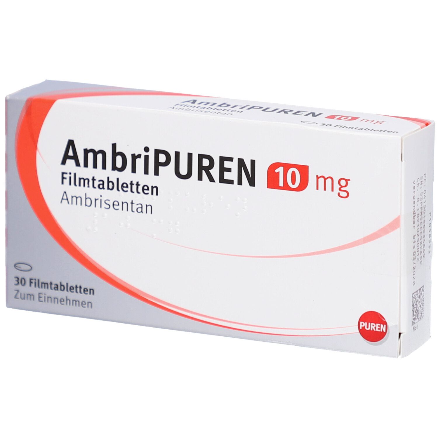 Schachtel mit AMBRIPUREN 10 mg Filmtabletten. Weiß, rot und grau. Aufschrift: 30 Filmtabletten. PUREN Logo.