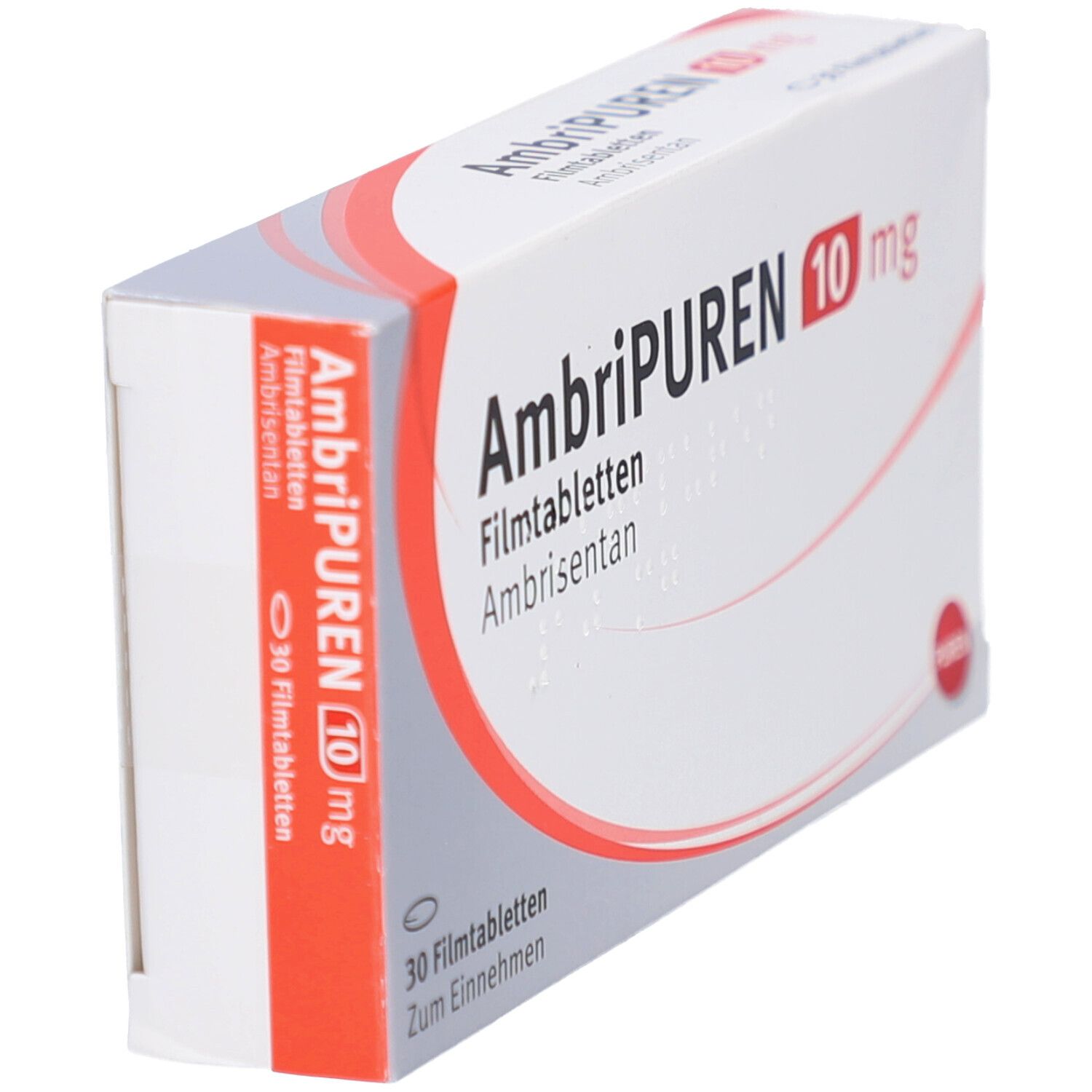 Schachtel mit AMBRIPUREN 10 mg Filmtabletten. Weiß, rot und grau. Aufschrift: 30 Filmtabletten. PUREN Logo. Schrägansicht.