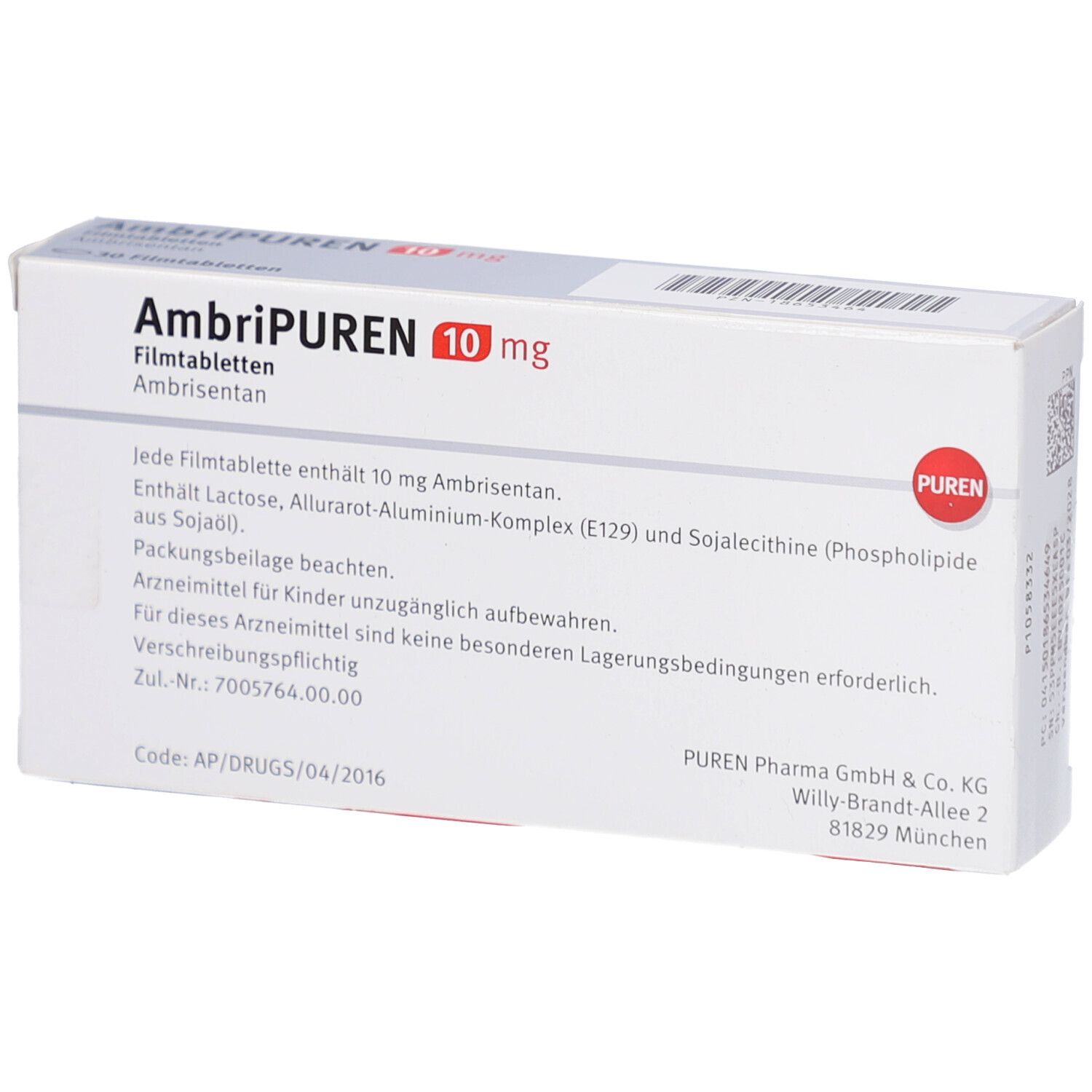 Rückseite der Schachtel mit AMBRIPUREN 10 mg Filmtabletten. Text in Deutsch. PUREN Logo. Code.