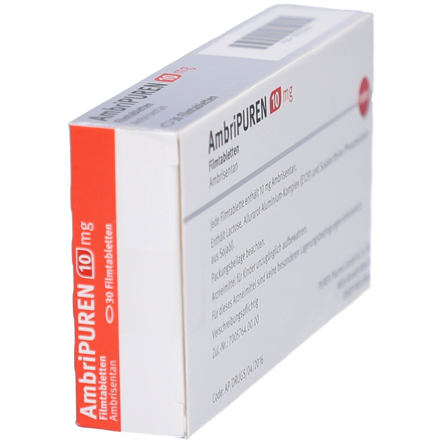 Schachtel mit AMBRIPUREN 10 mg Filmtabletten. Rückseite mit Text. PUREN Logo. Schrägansicht.