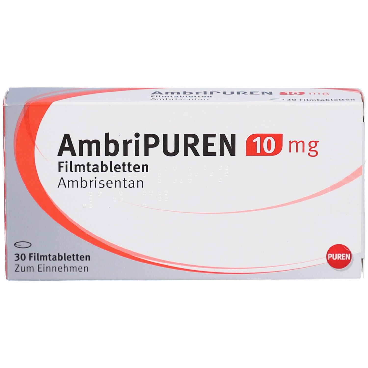 Schachtel mit AMBRIPUREN 10 mg Filmtabletten. Weiß, rot und grau. Aufschrift: 30 Filmtabletten. PUREN Logo.