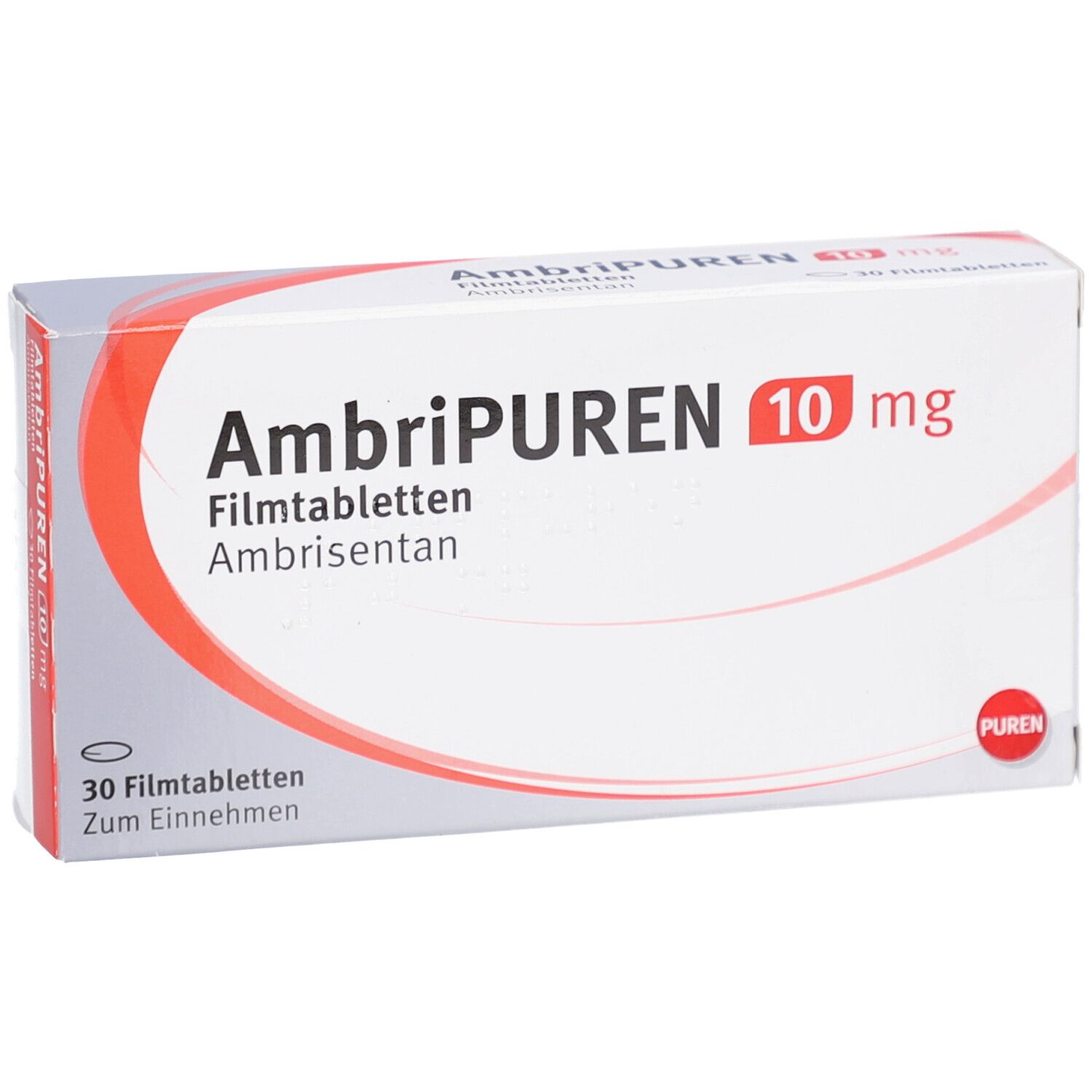 Schachtel mit AMBRIPUREN 10 mg Filmtabletten. Weiß, rot und grau. Aufschrift: 30 Filmtabletten. PUREN Logo.