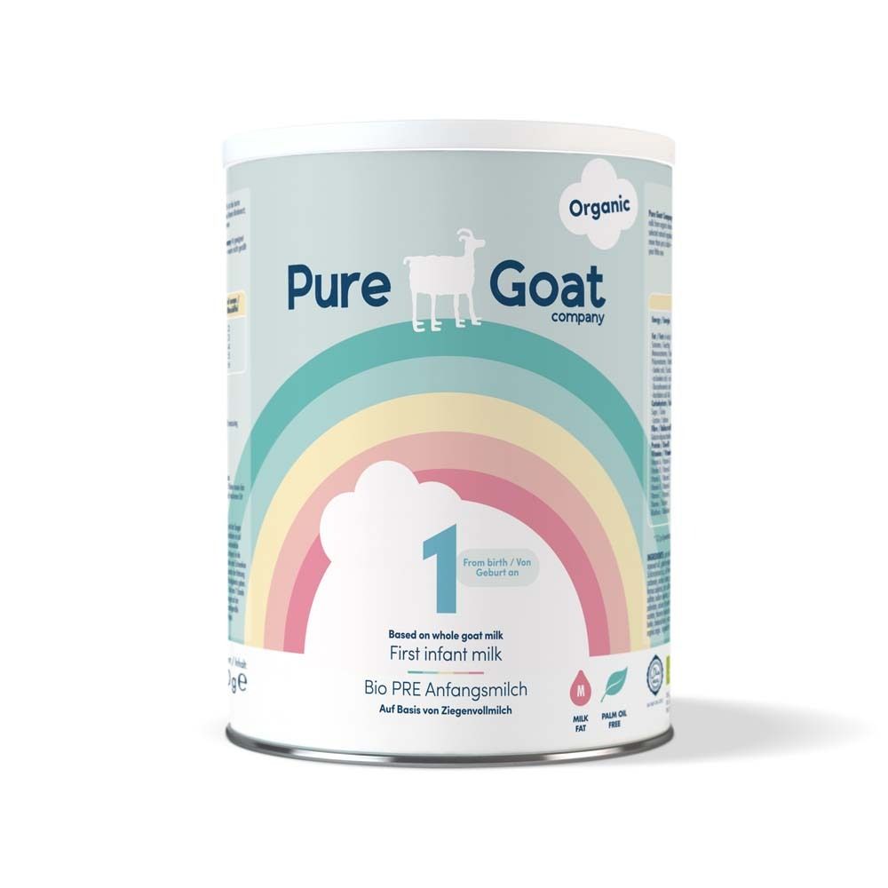 Dose Pure Goat Company Bio Pre Anfangsmilch. Aufschrift: 1, Bio PRE Anfangsmilch, Ziegenmilch. Mit Regenbogen-Design.