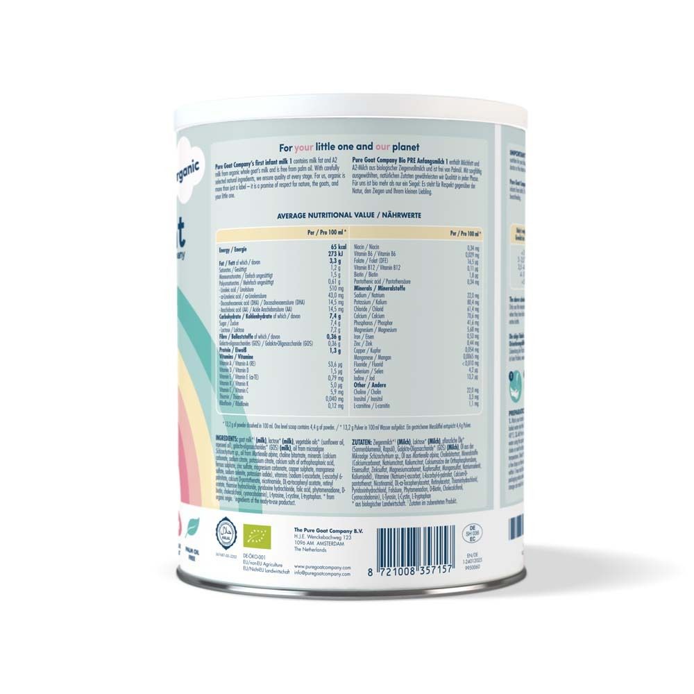 Rückseite der Dose Pure Goat Company Bio Pre Anfangsmilch. Enthält Nährwertangaben und Zubereitungshinweise.