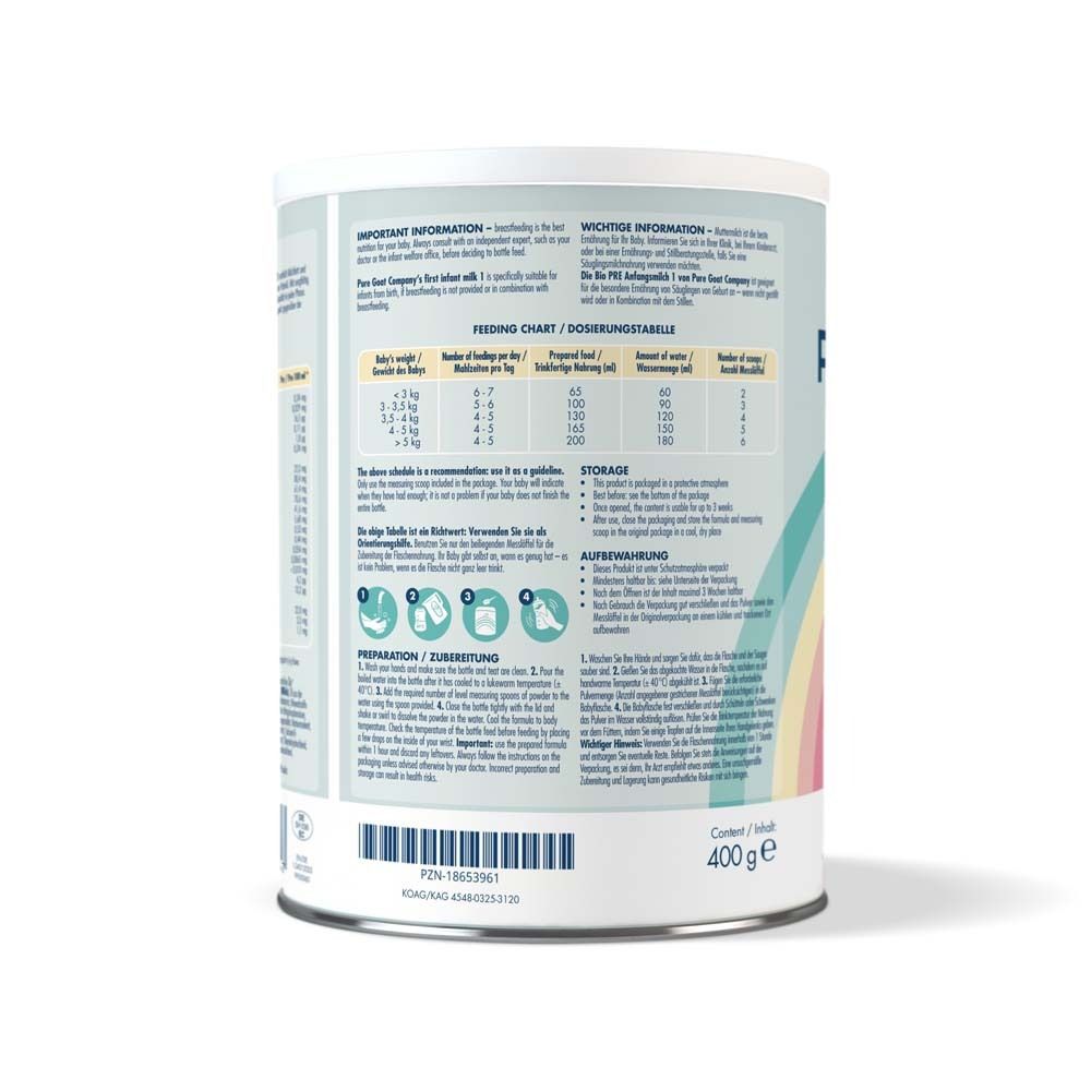 Rückseite der Dose Pure Goat Company Bio Pre Anfangsmilch. Enthält Dosierungstabelle und Zubereitungshinweise.