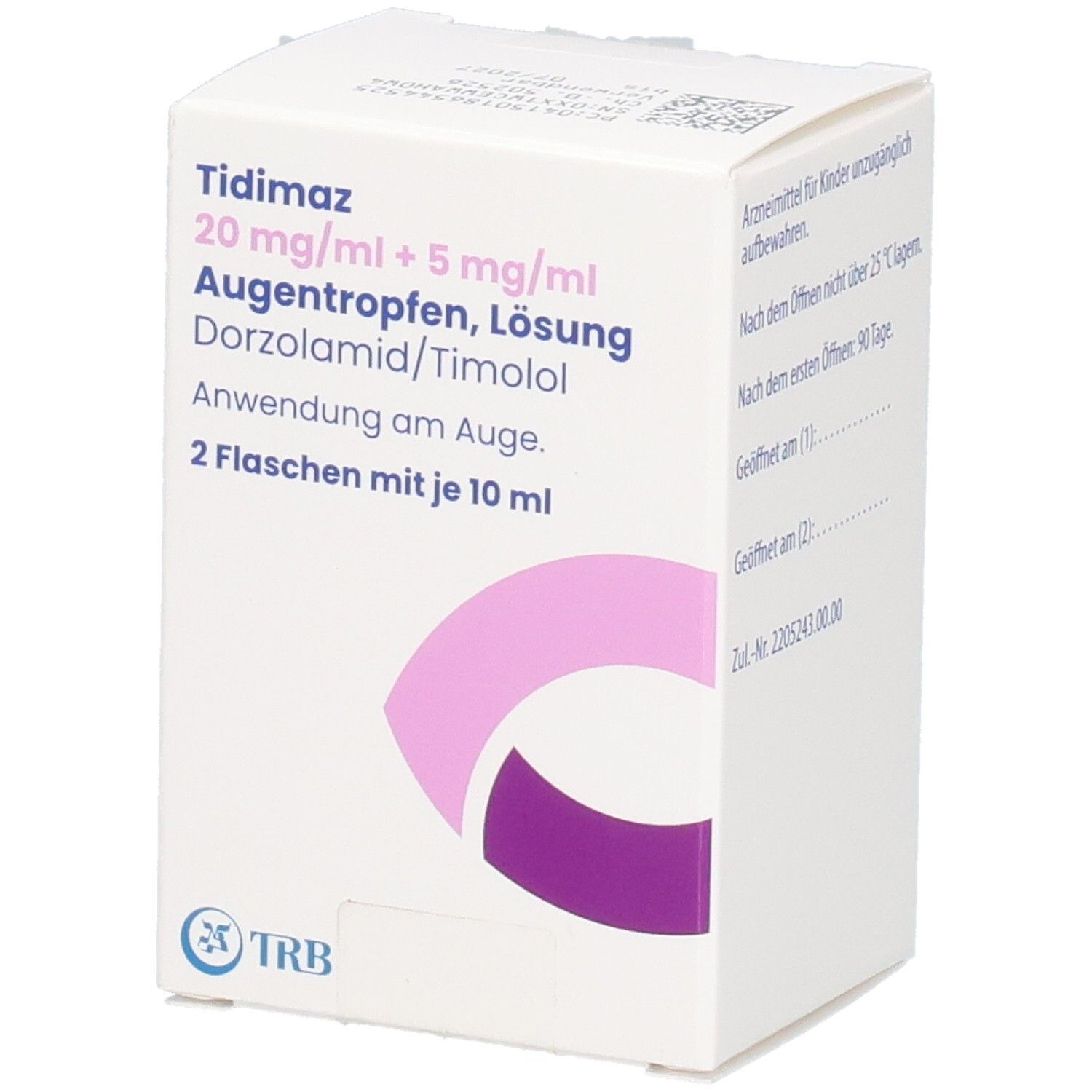 Weißer Karton mit Produktinformationen. Aufdruck: Tidimaz Augentropfen, 2 Flaschen mit je 10 ml. Logo TRB.