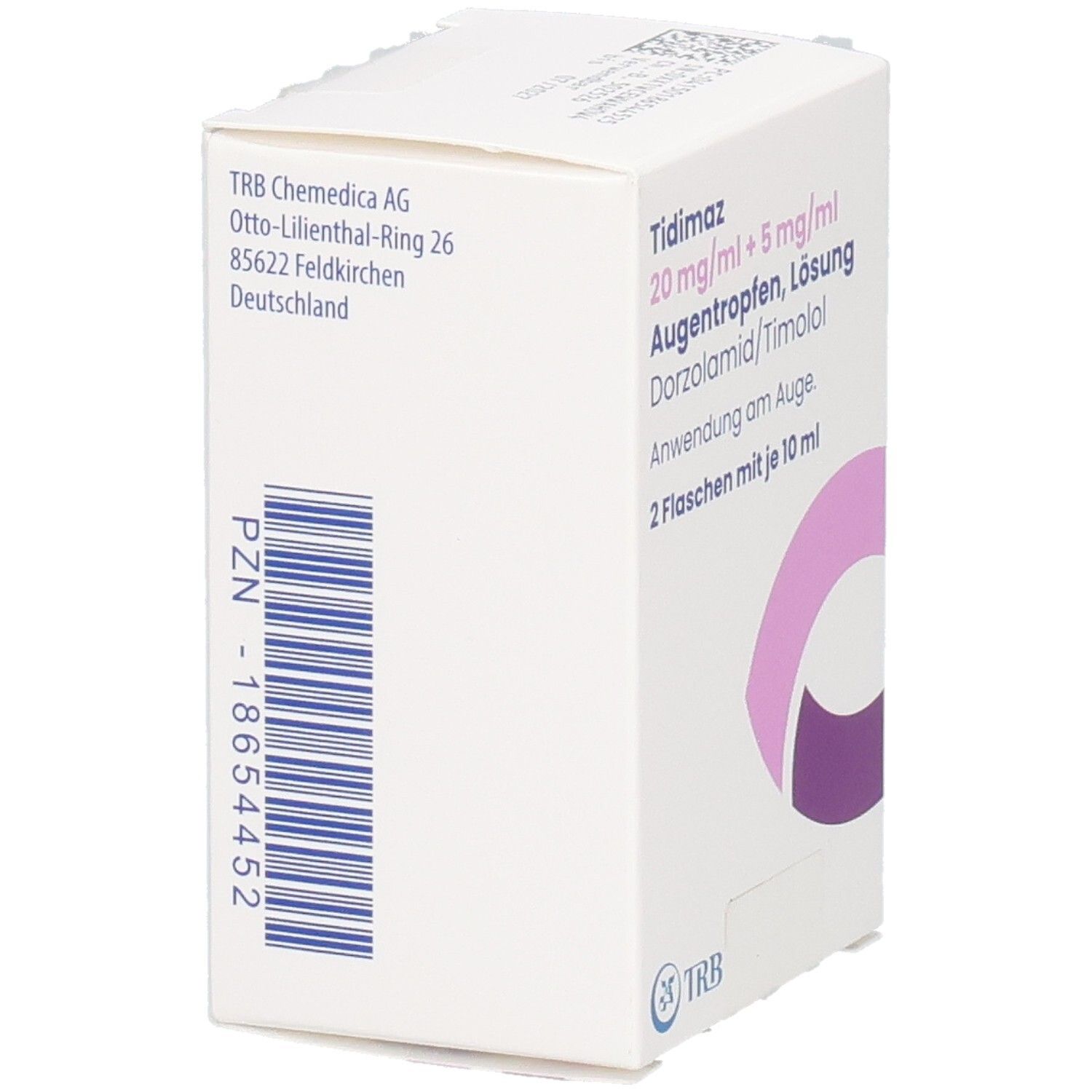 Seitenansicht des weißen Kartons. Barcode und Produktinformationen. Aufdruck: Tidimaz Augentropfen. Logo TRB.