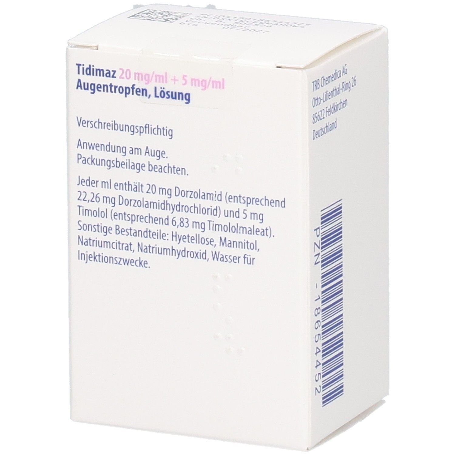 Rückseite des weißen Kartons. Produktinformationen und Inhaltsstoffe. Aufdruck: Tidimaz Augentropfen, Lösung.