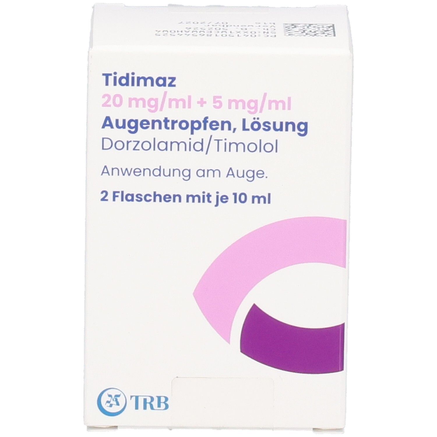 Weißer Karton mit Produktinformationen. Aufdruck: Tidimaz Augentropfen, 2 Flaschen mit je 10 ml. Logo TRB.