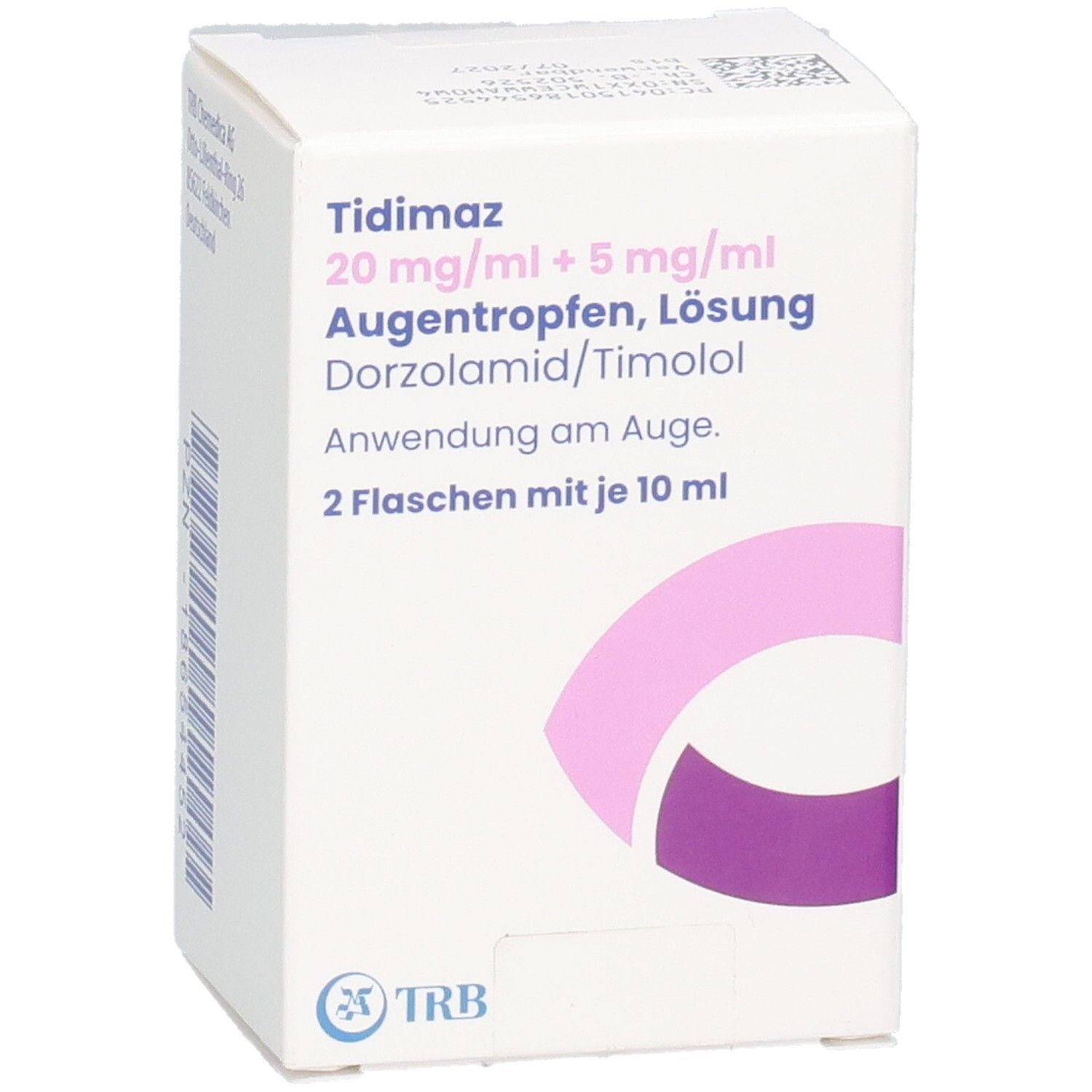 Weißer Karton mit Produktinformationen. Aufdruck: Tidimaz Augentropfen, 2 Flaschen mit je 10 ml. Logo TRB.
