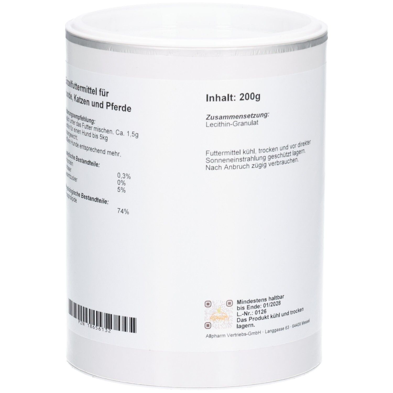 Seitenansicht einer weißen Dose mit Barcode und Informationen zu Inhaltsstoffen und Fütterungsempfehlung.