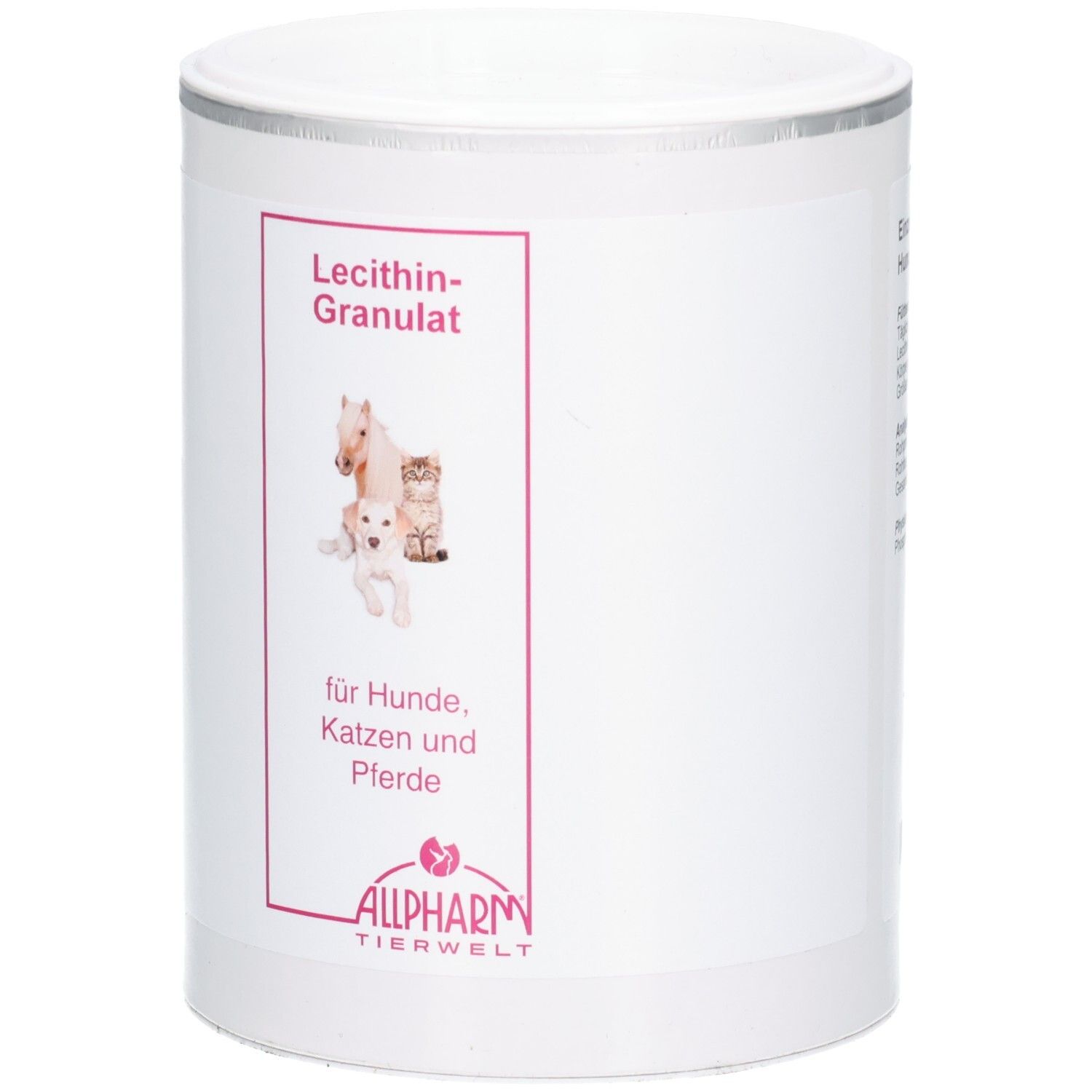 Weiße Dose mit rosa Etikett: Lecithin-Granulat für Hunde, Katzen und Pferde. Allpharm Tierwelt Logo.