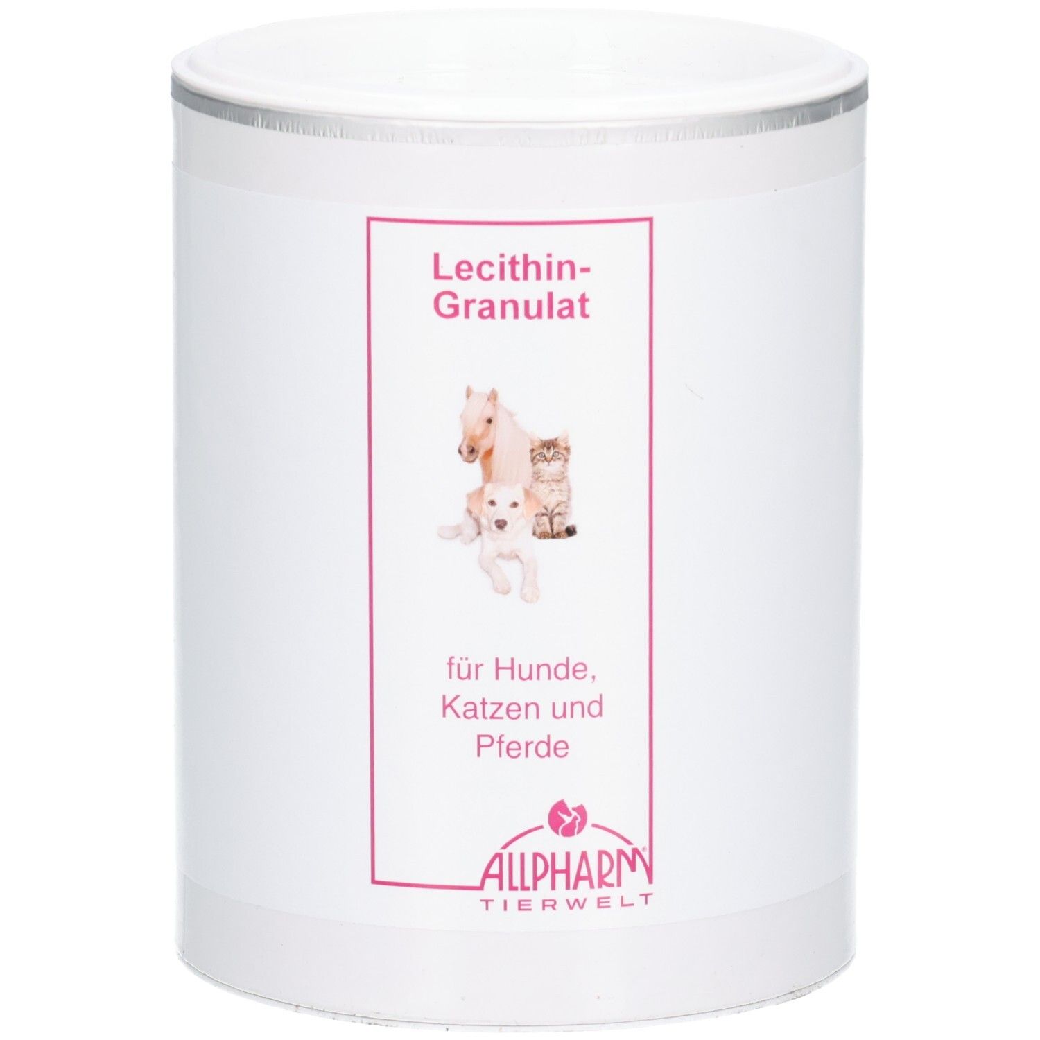 Weiße Dose mit rosa Etikett: Lecithin-Granulat für Hunde, Katzen und Pferde. Allpharm Tierwelt Logo.