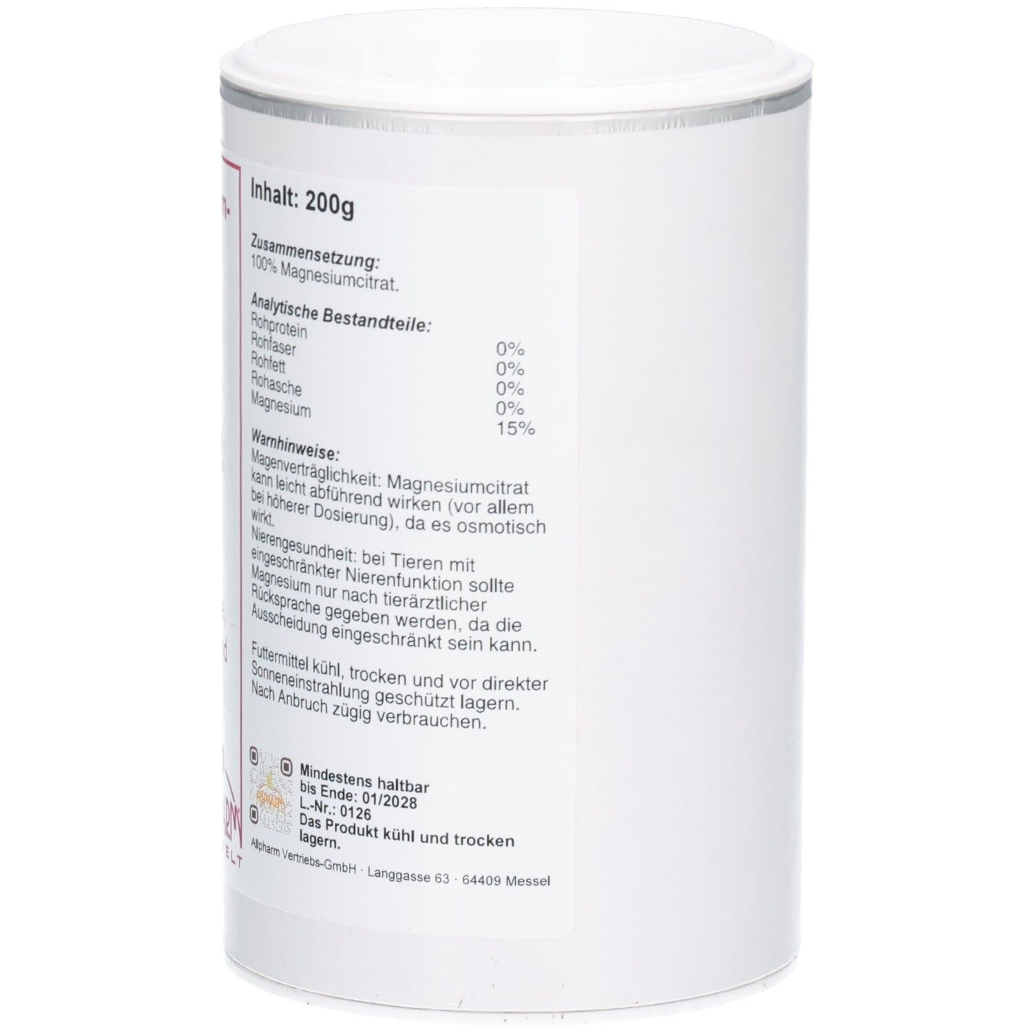 Magnesiumcitrat für Hunde, Katzen und Pferde, 200g Dose.