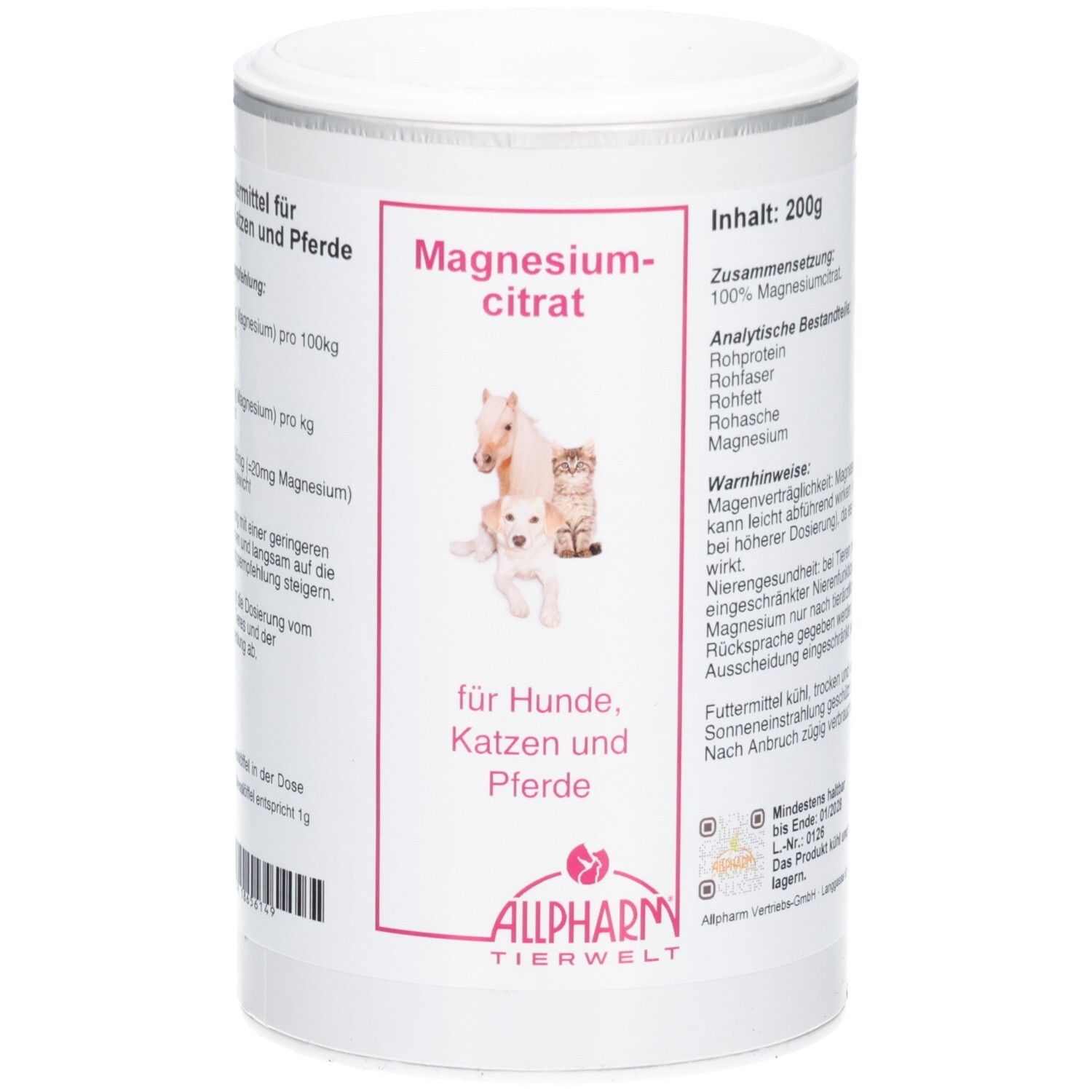 Magnesiumcitrat für Hunde, Katzen und Pferde, 200g Dose.