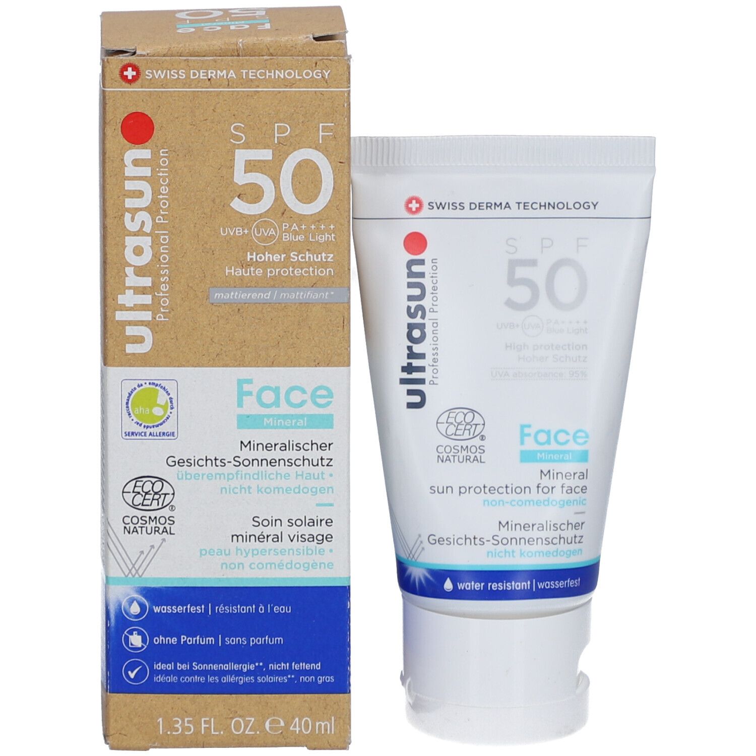 Produktverpackung mit Tube und Karton. Beide zeigen das Produkt: Sonnenschutzmittel für das Gesicht, SPF 50. Mit COSMOS NATURAL Zertifizierung.