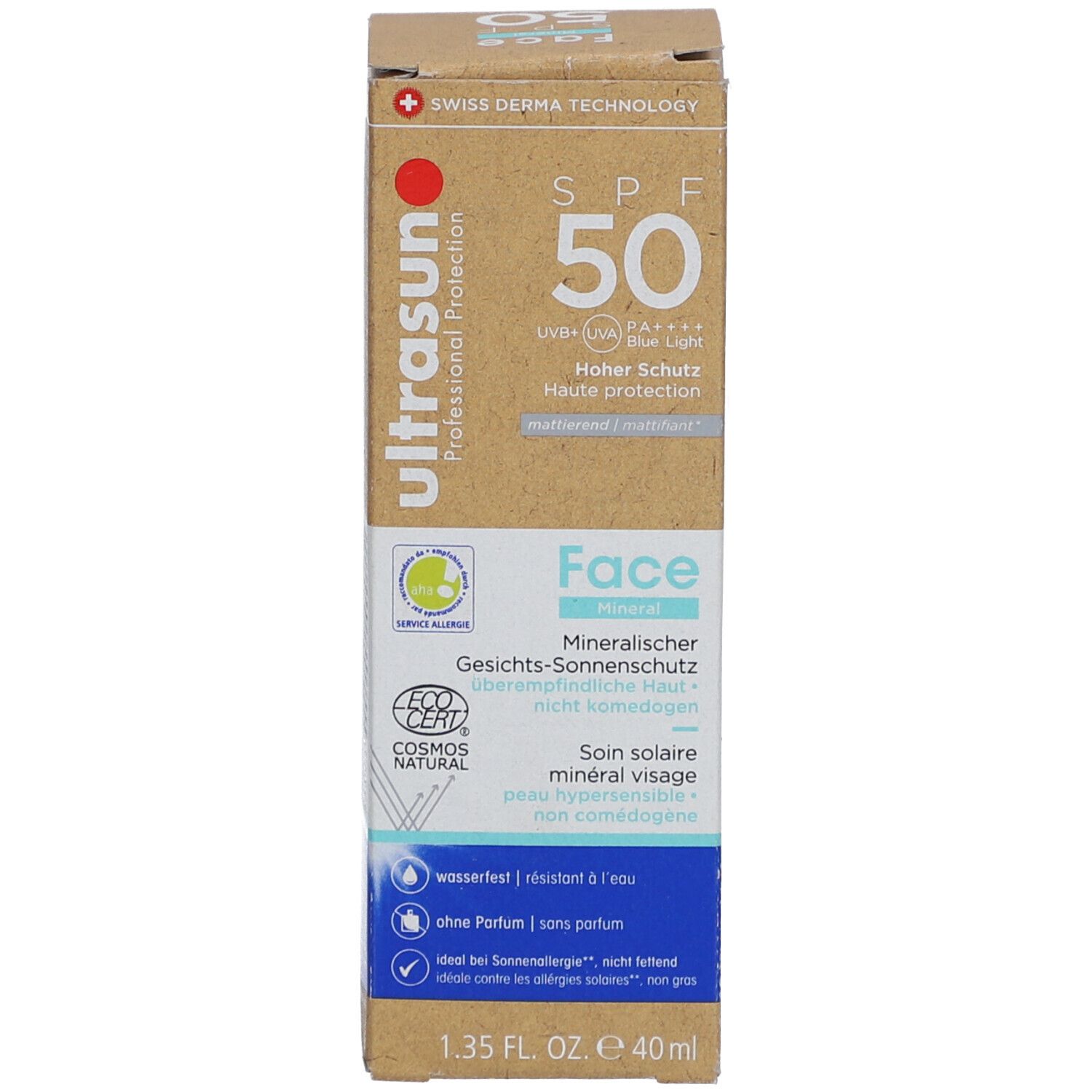 Kartonverpackung mit Produktinformationen. Enthält Sonnenschutzmittel für das Gesicht, SPF 50. Mit COSMOS NATURAL Zertifizierung.