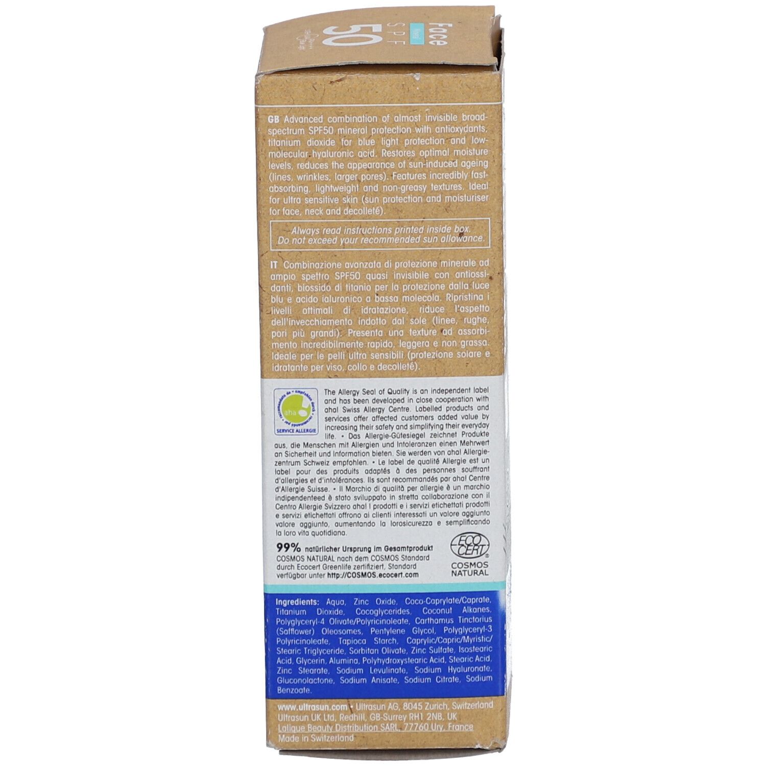 Rückseite der Kartonverpackung mit Text. Enthält Informationen zu Inhaltsstoffen und Zertifizierungen. Mit COSMOS NATURAL Zertifizierung.