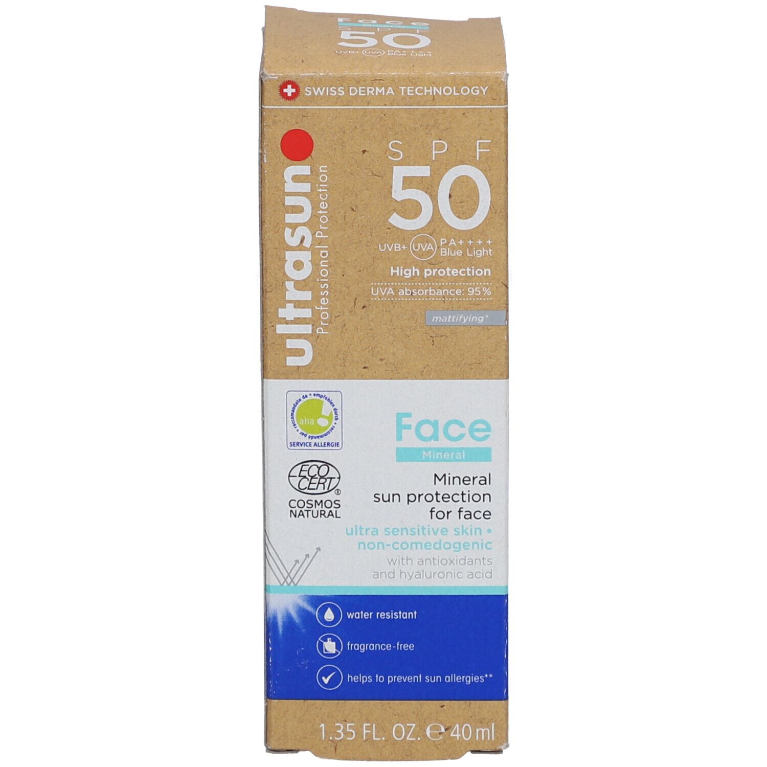 Vorderseite der Kartonverpackung. Zeigt Sonnenschutzmittel für das Gesicht, SPF 50. Mit COSMOS NATURAL Zertifizierung und Allergiemarke.