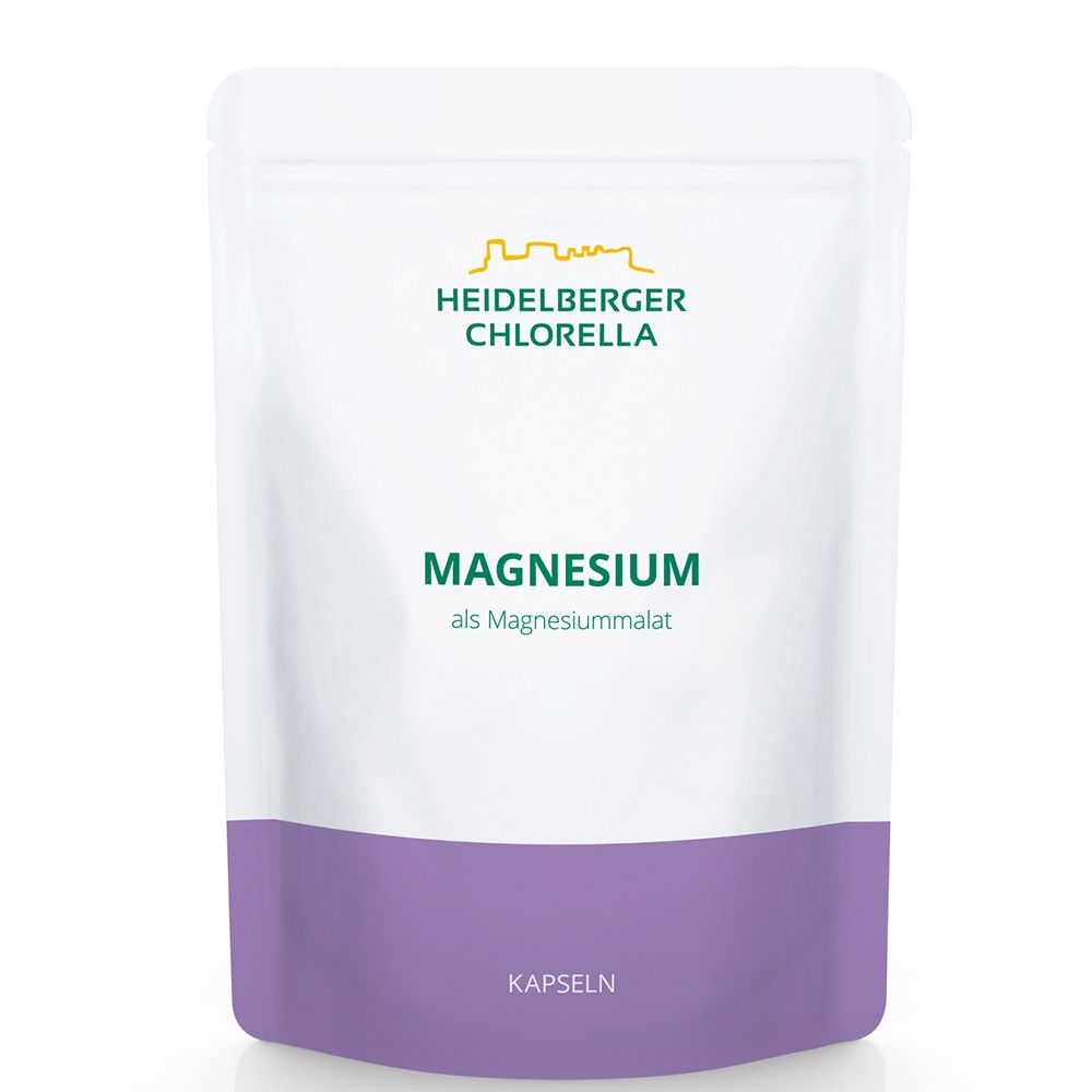 Weiß-lila Beutel mit Heidelberger Chlorella Logo und Aufschrift Magnesium als Magnesiummalat. Unterteil lila, Aufschrift Kapseln.