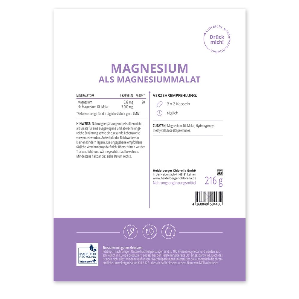 Rückseite der Verpackung mit Informationen zu Magnesium als Magnesiummalat. Enthält Nährwertangaben, Zutaten und Herstellerinformationen.
