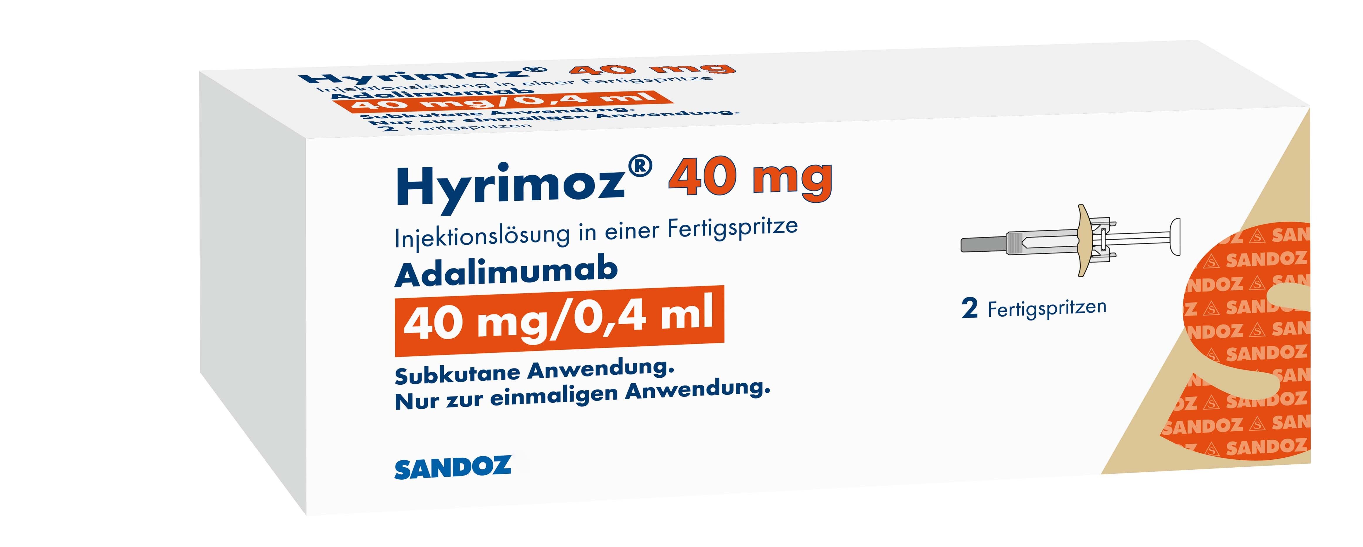 Hyrirmoz 40 mg Adalimumab Injektionslösung in Fertigspritze, 40 mg/0,4 ml. Sandoz.
